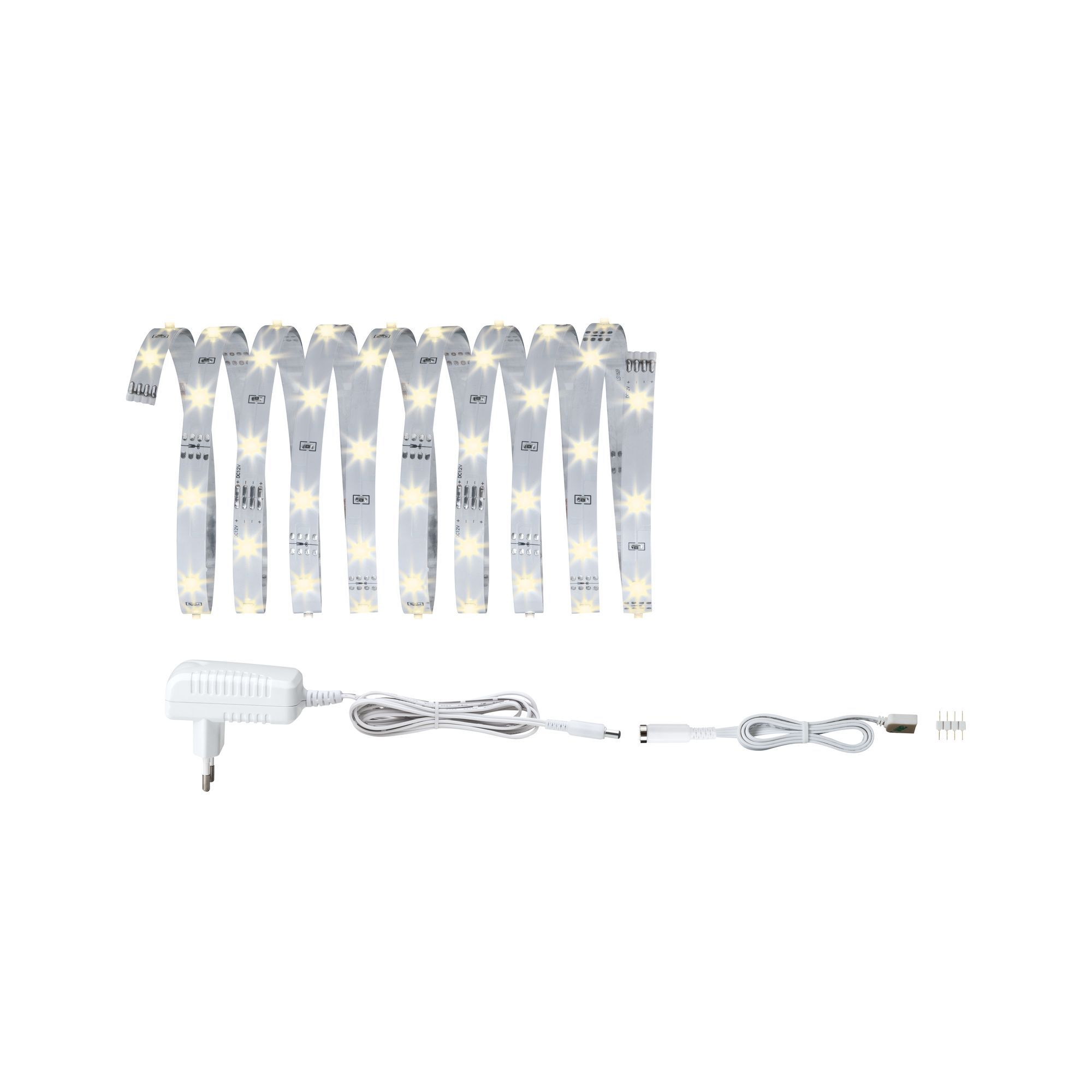 LED-Lichtleisten und Netzteil. Weiße Lichter, weißes Ladegerät und andere kleine Komponenten.