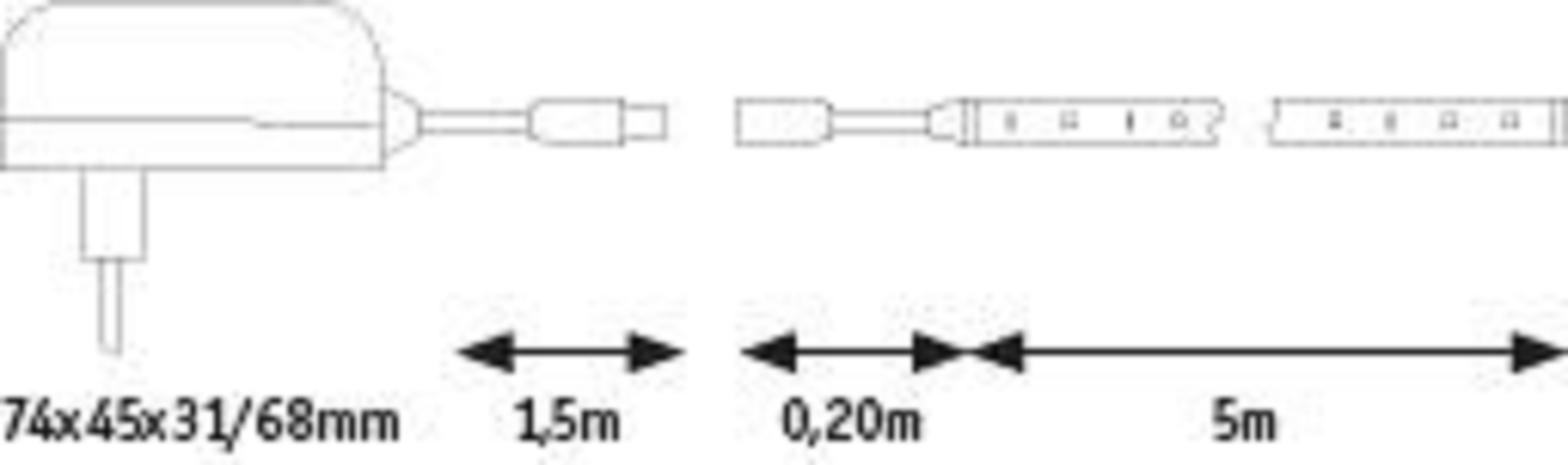 Różne elementy elektryczne z pomiarami. Zasilacz, przewód i pasek LED.