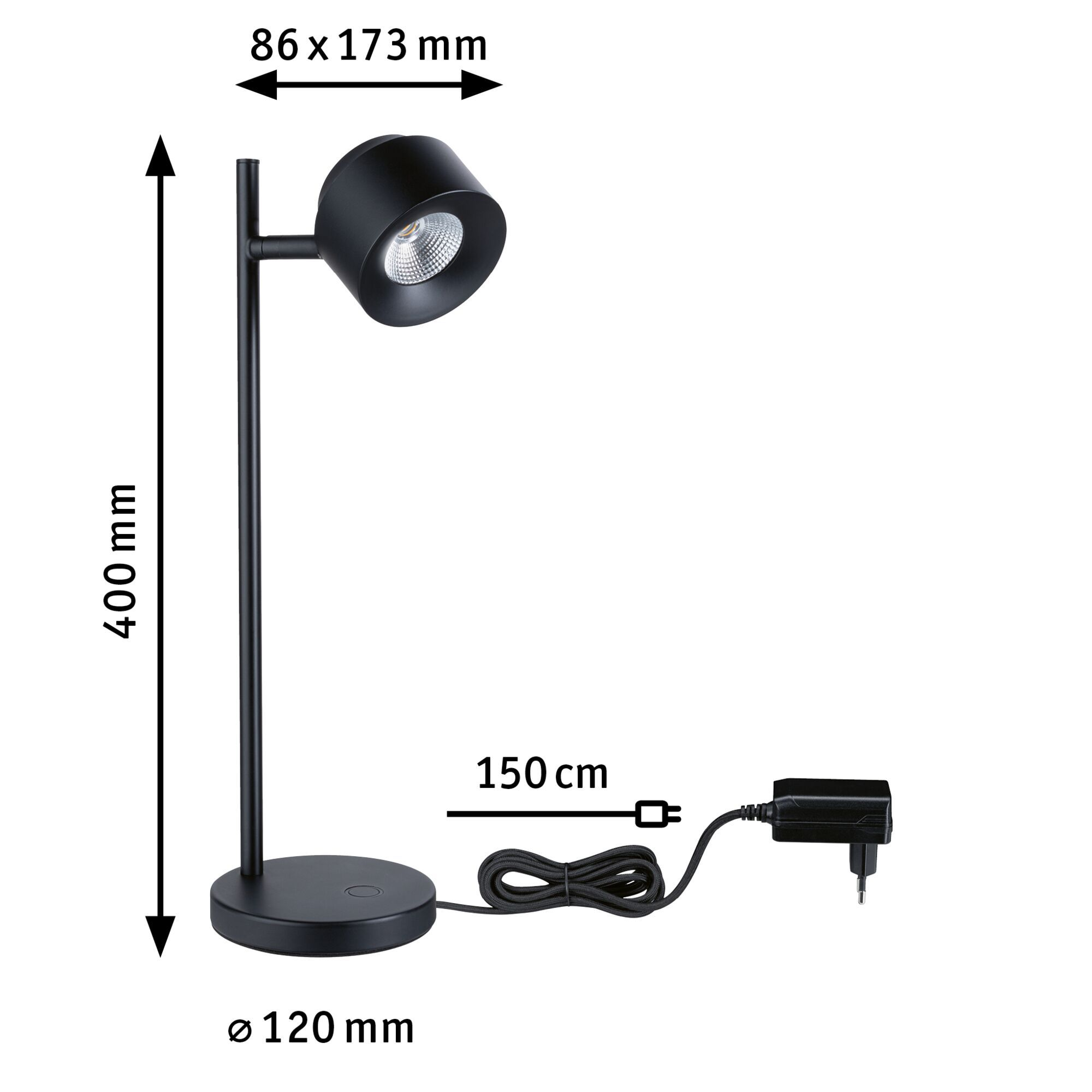Schwarze Schreibtischlampe mit beschrifteten Abmessungen und Netzkabel mit Stecker.
