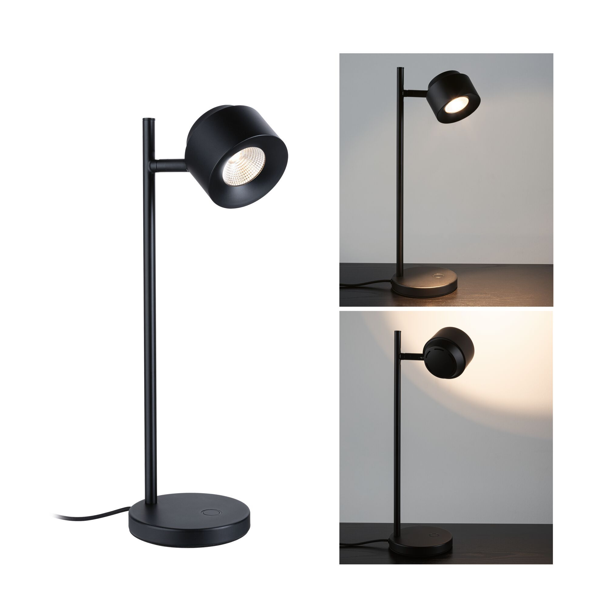 Czarna lampa biurkowa z okrągłą podstawą, dwa inne widoki.