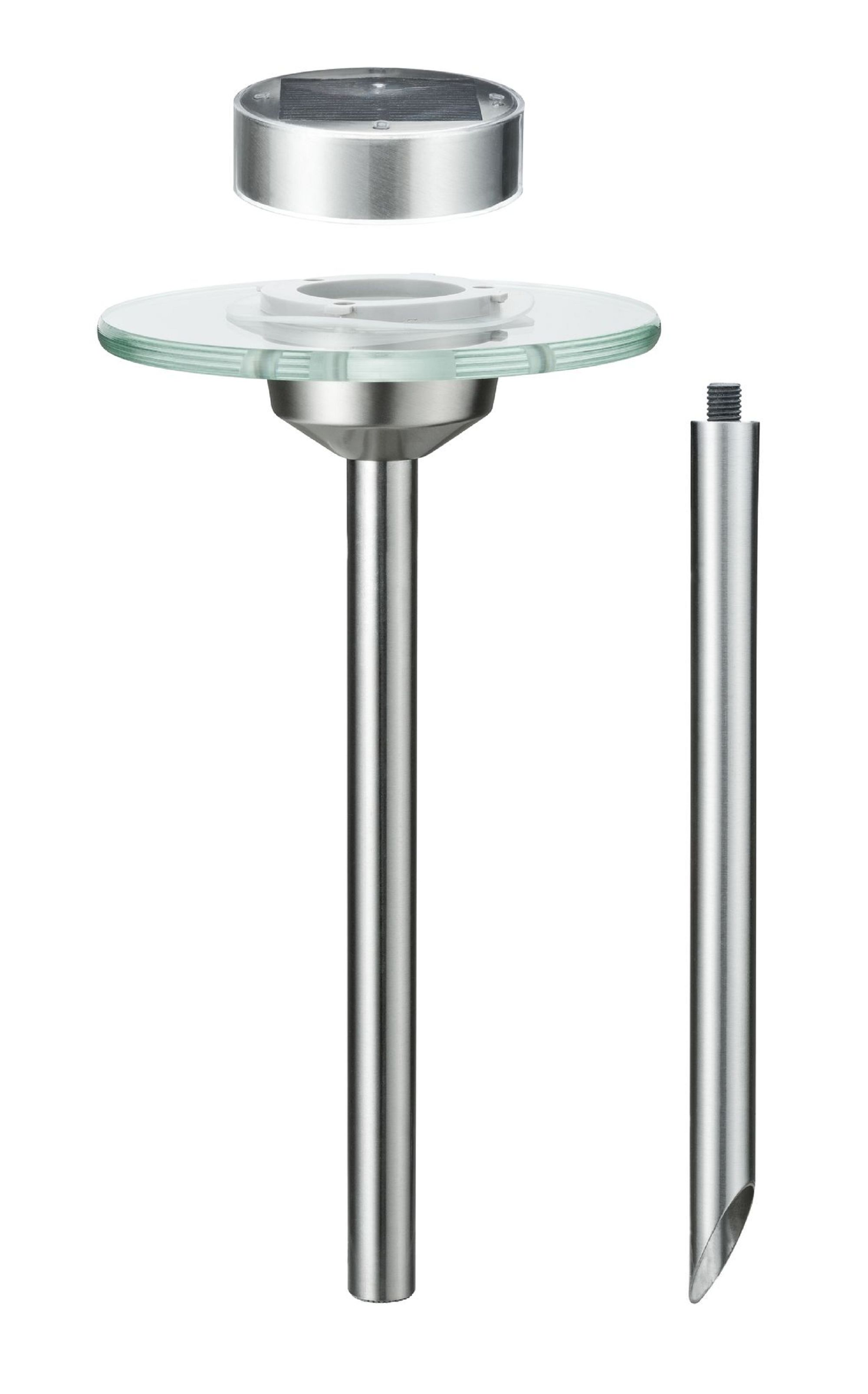 Elementy lampy solarnej ogrodowej: głowica świetlna, szklany dysk i metalowy słupek.