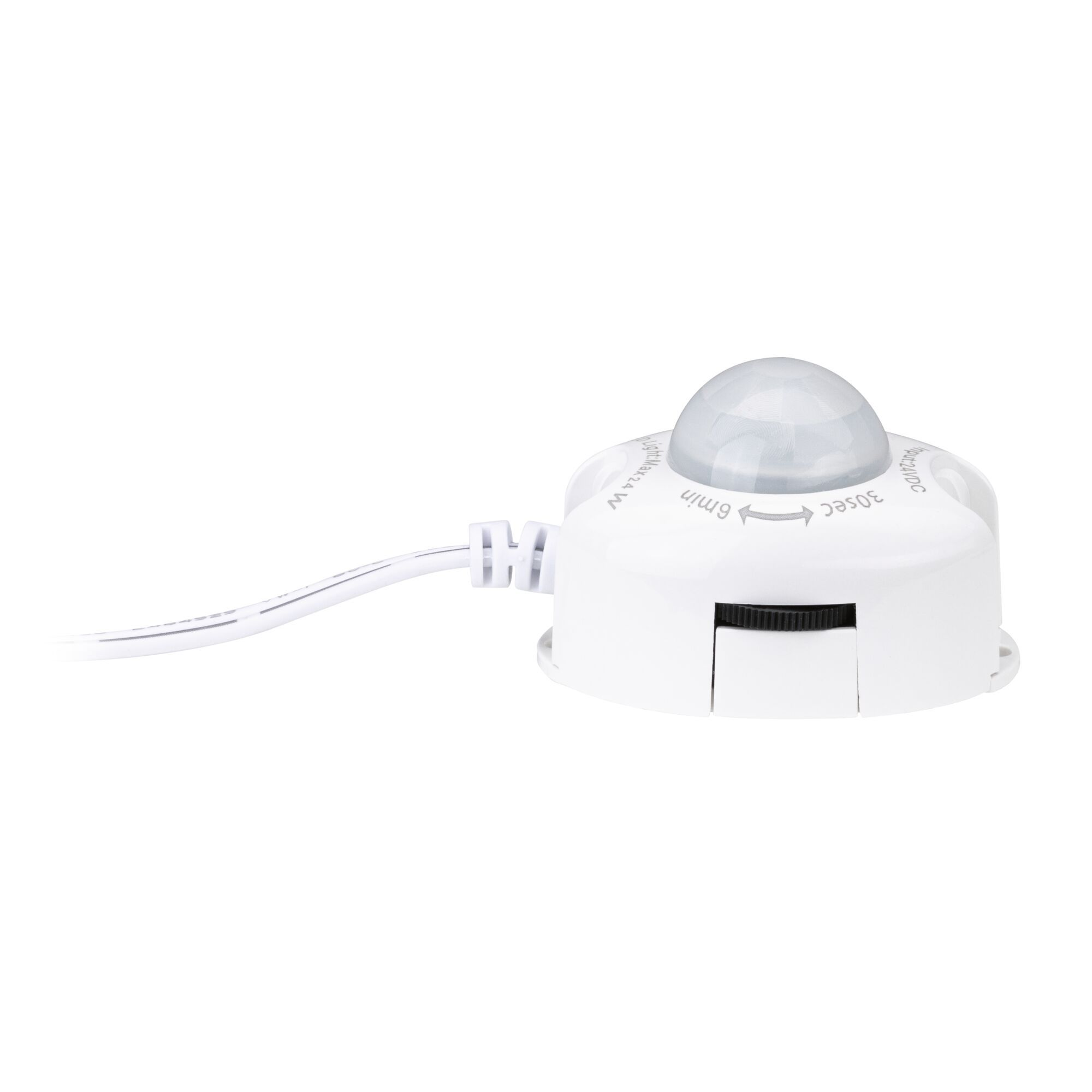 Ein weißer Bewegungssensor mit abgerundeter Oberseite und einem Drehregler. Ein weißes Kabel ist befestigt.
