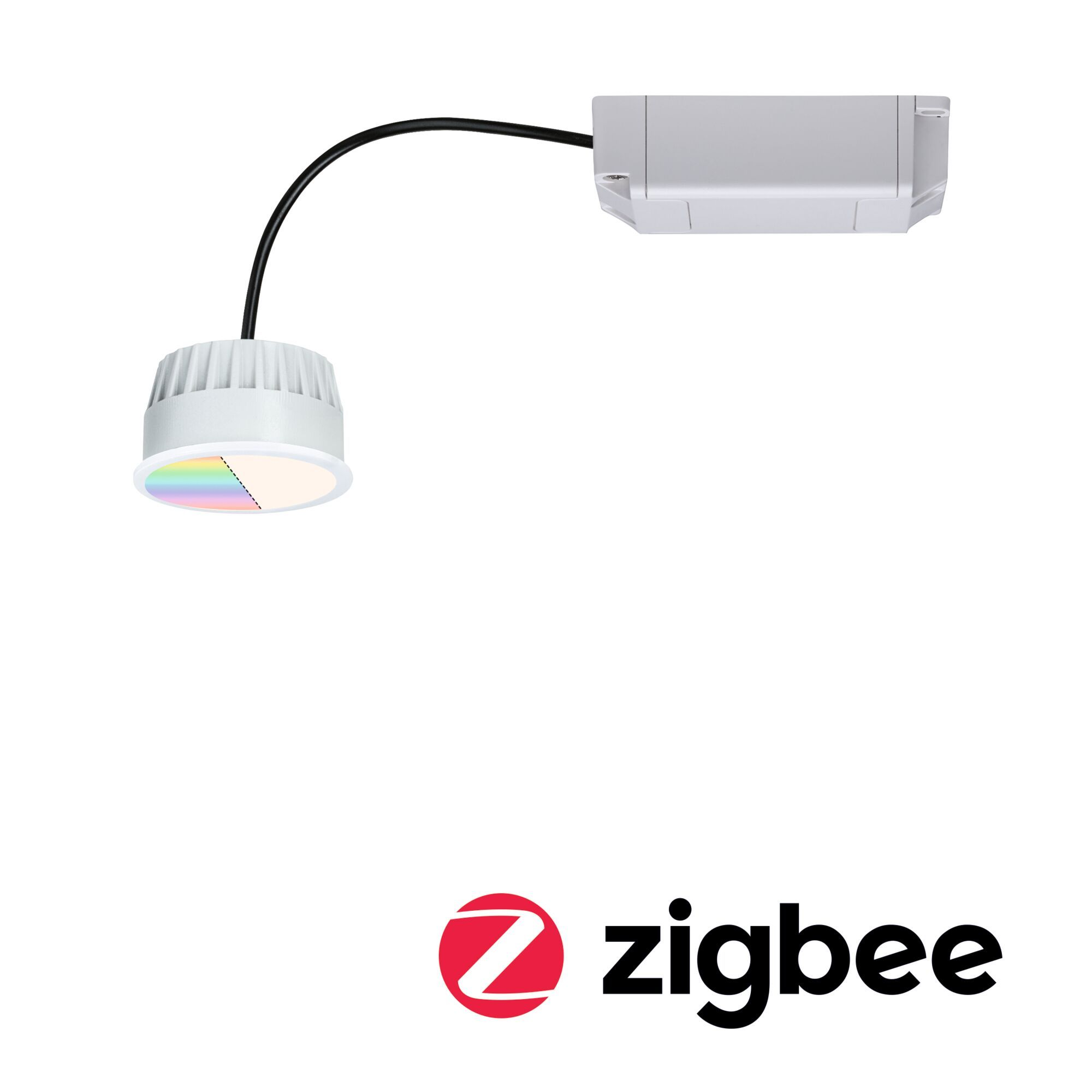 Apparecchio di illuminazione bianco con luce colorata in basso, con logo Zigbee.