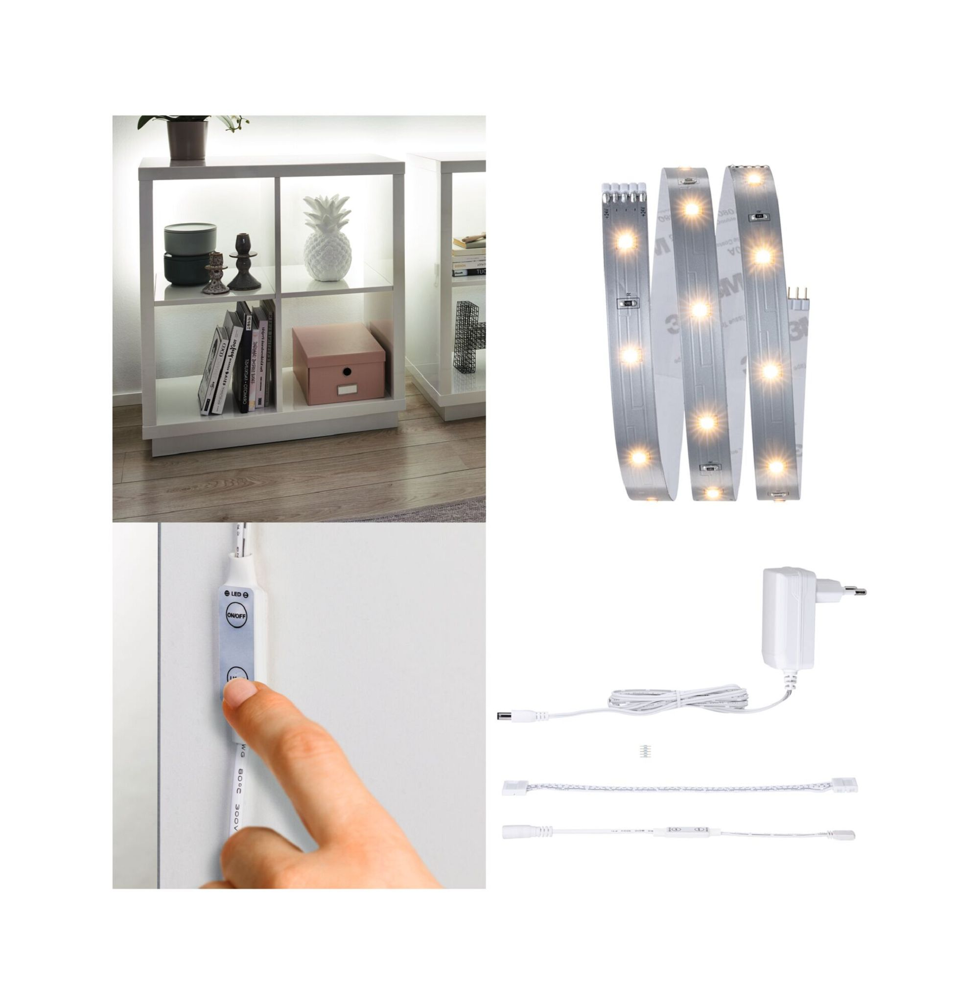 Ein gut beleuchteter Raum mit weißem Regal, LED-Streifenlichtern und verschiedenen Accessoires.