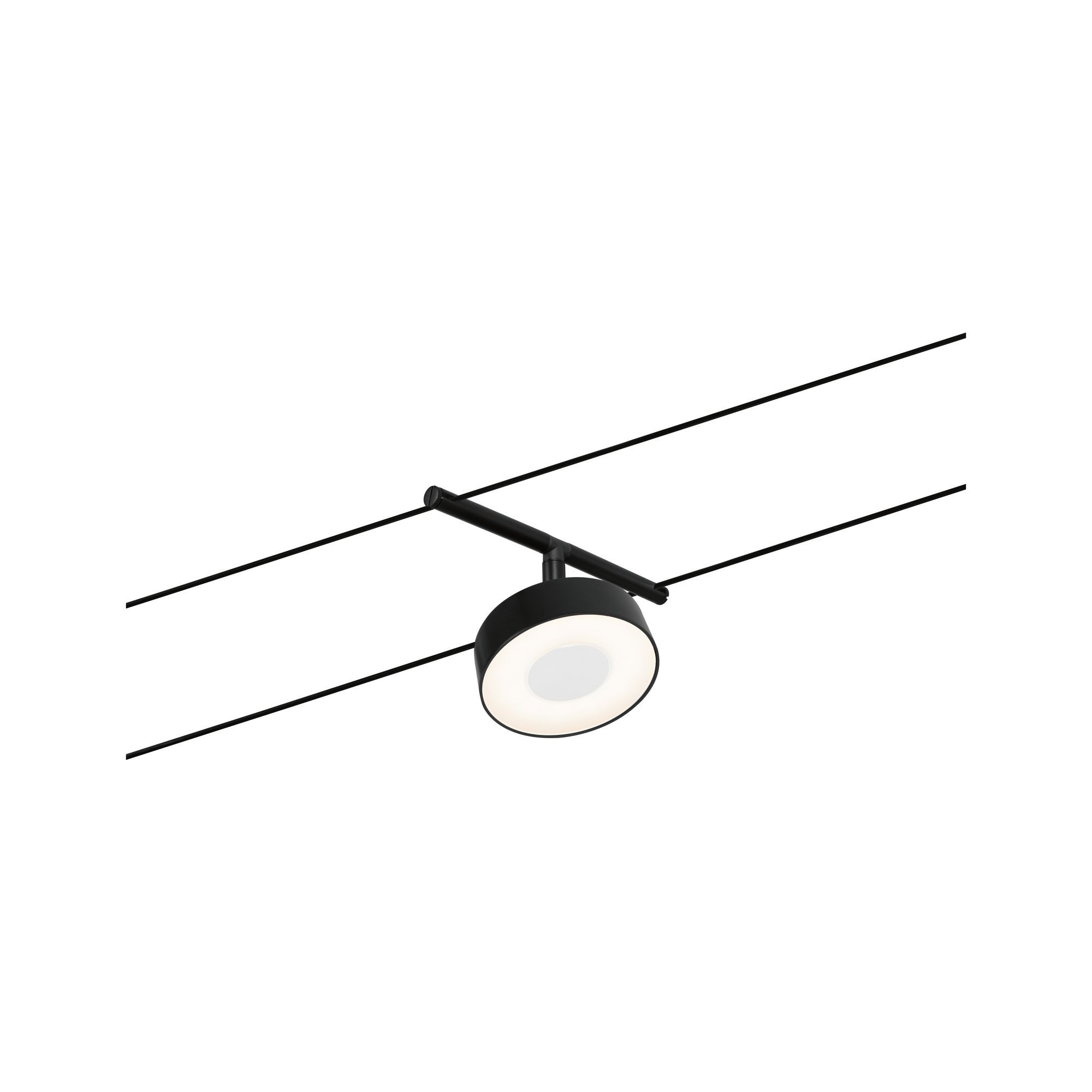 Schwarze Deckenleuchte mit rundem Kopf und schwarzem Balken. Zwei schwarze Drähte verlaufen oben.