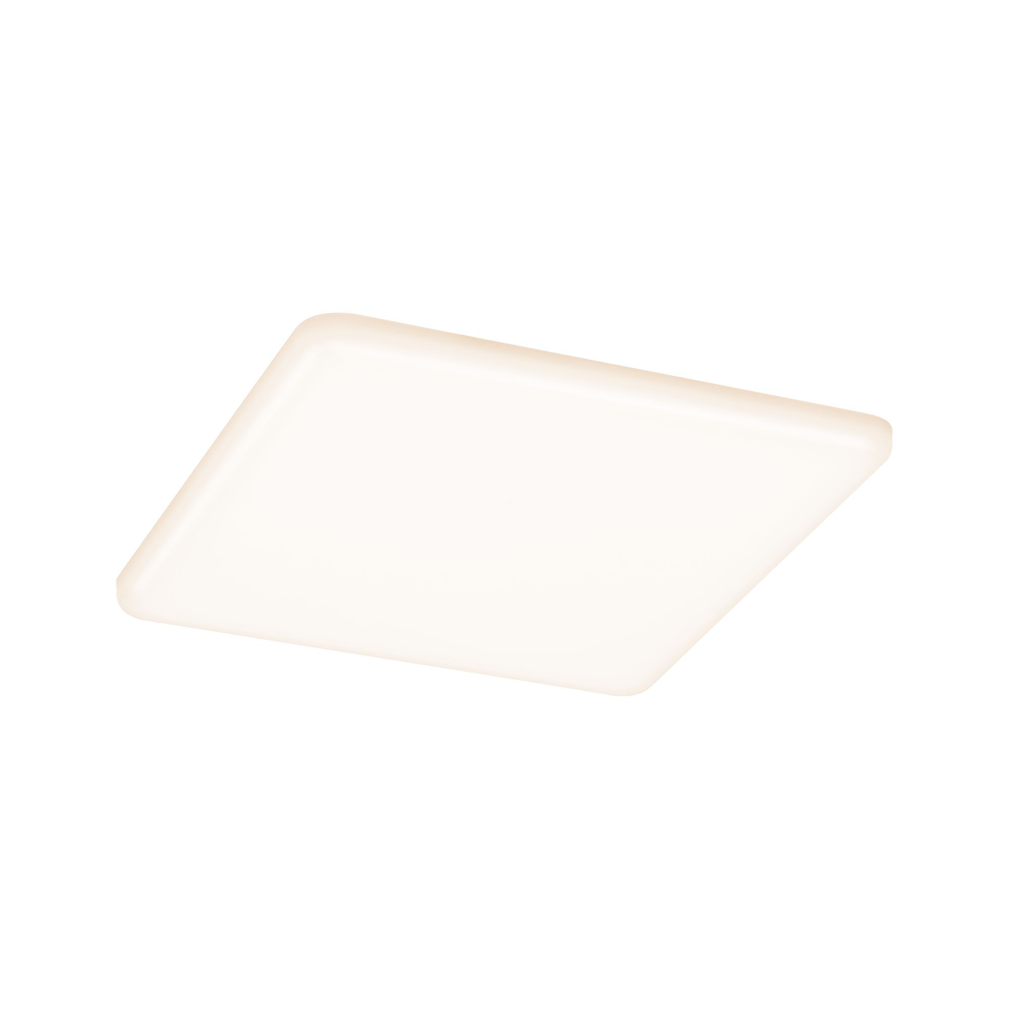 Un pannello a soffitto quadrato, bianco e illuminato. Il pannello è su uno sfondo bianco.