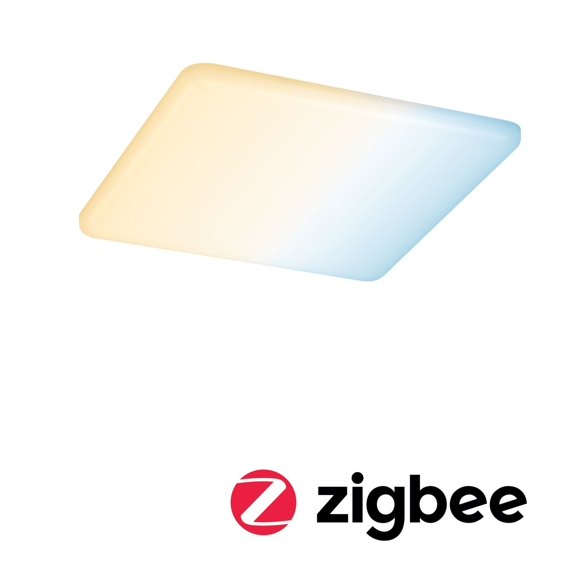 Luce LED quadrata con sfumatura di colore, dal giallo al blu. Logo Zigbee in basso.