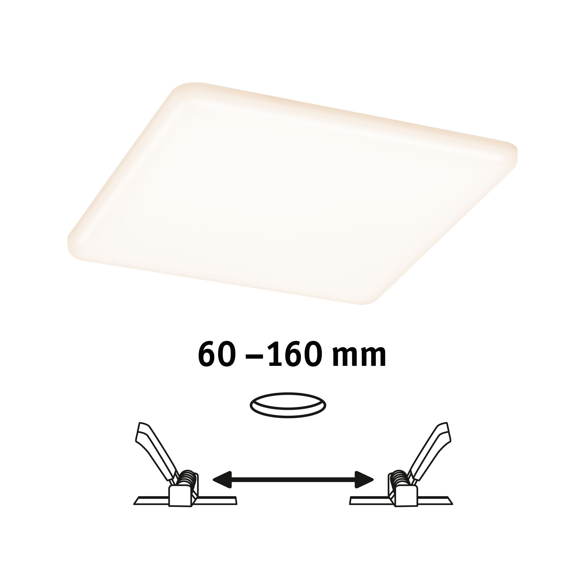 Diagramma di un pannello luminoso quadrato. Ha una gamma di dimensioni e staffe di montaggio.