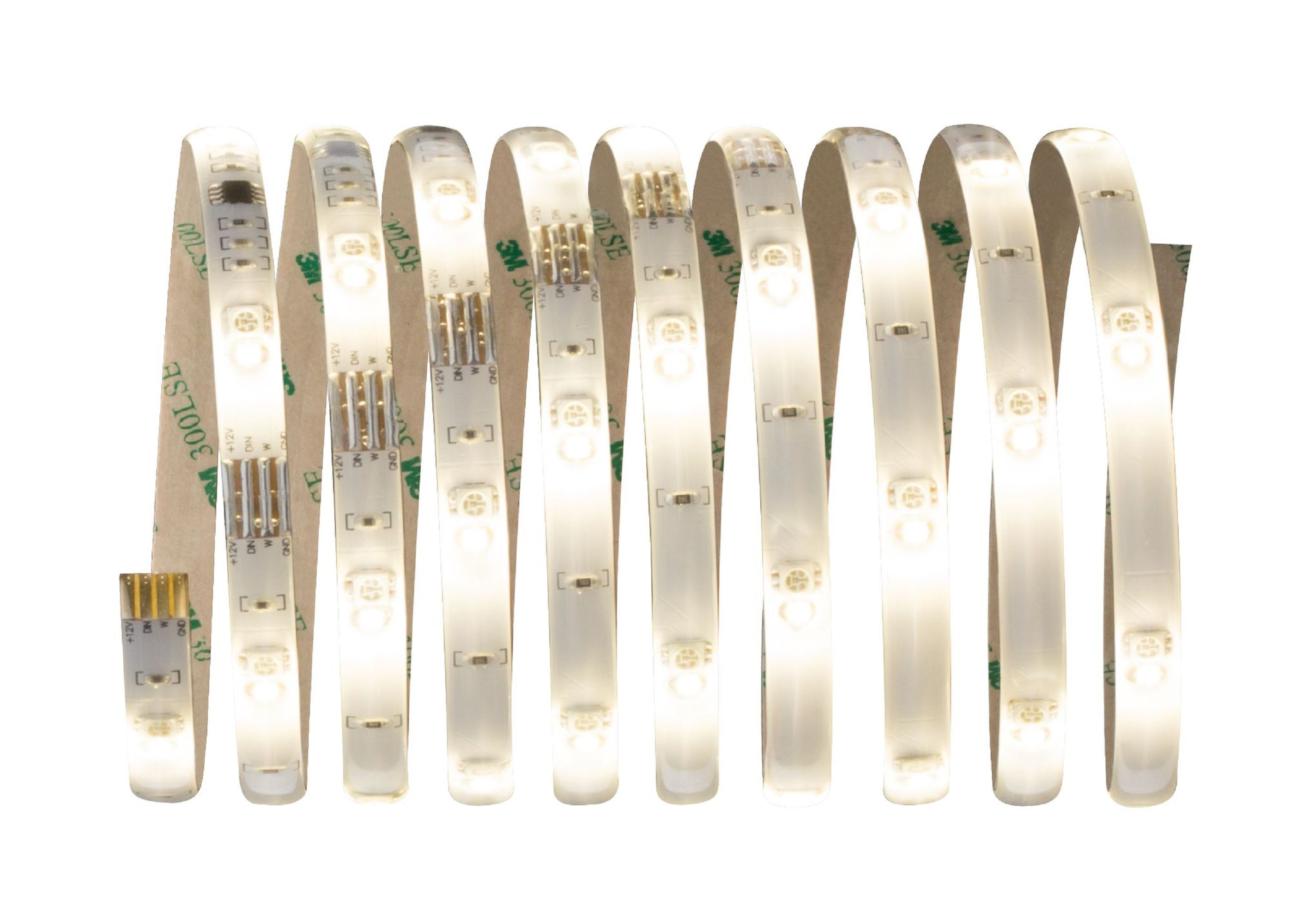 Strisce luminose a LED flessibili, luci bianche e sfondo bianco.