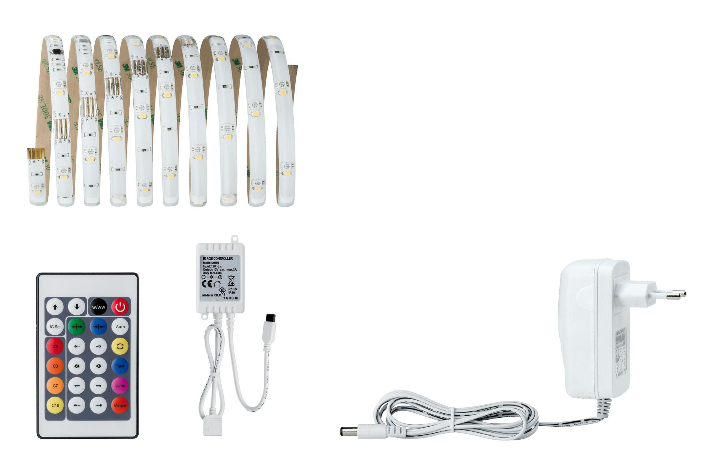 Varie strisce luminose a LED, un telecomando, un controller e un adattatore di alimentazione.