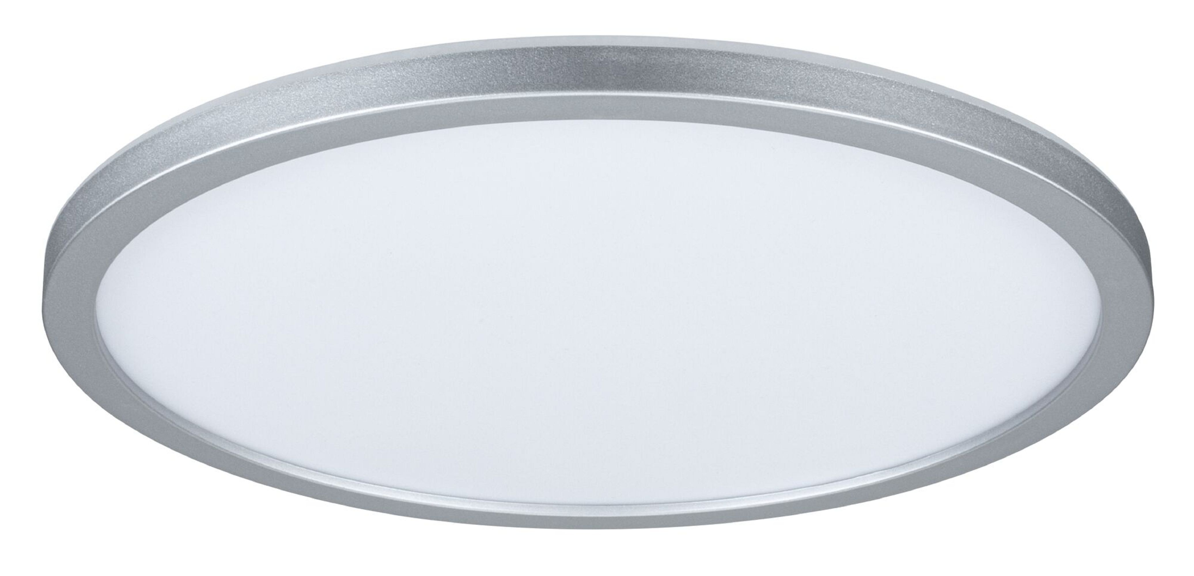 Un apparecchio di illuminazione a soffitto a LED rotondo argentato con una superficie bianca emettitrice di luce.