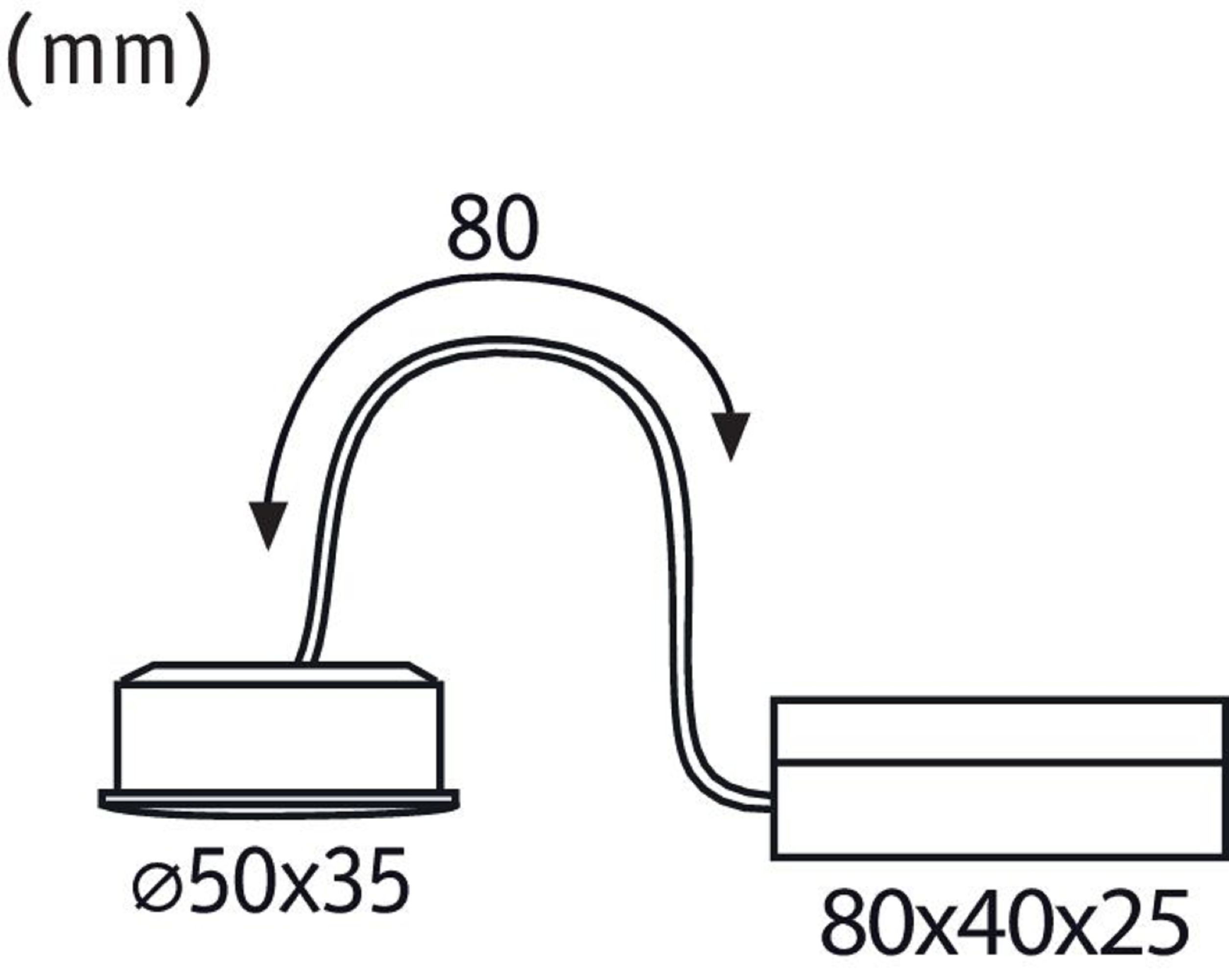 Ein Diagramm mit einem Licht und einer Box. Das Licht hat einen Durchmesser von 50mm, die Box ist 80x40x25mm.