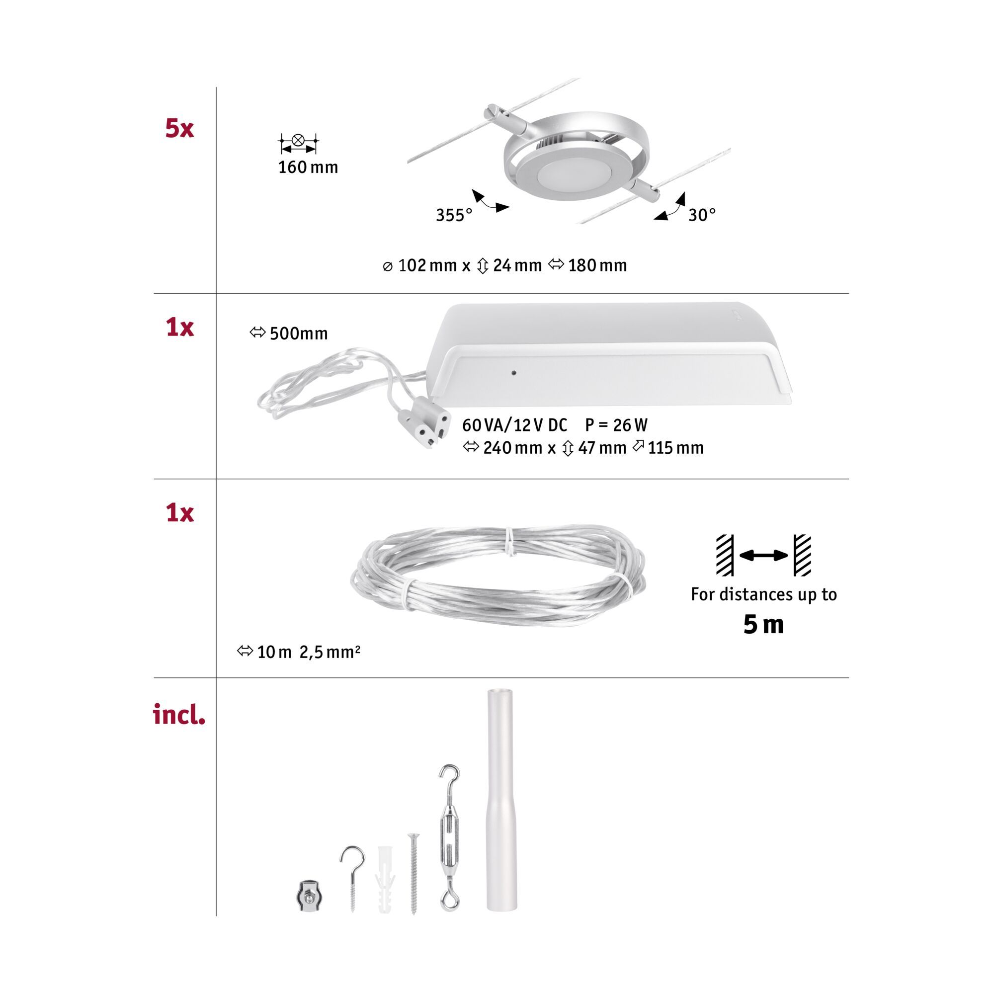 Diagramm eines Beleuchtungssystems mit Abmessungen und Komponenten. Enthält eine Leuchte, ein Kabel und Stützelemente.