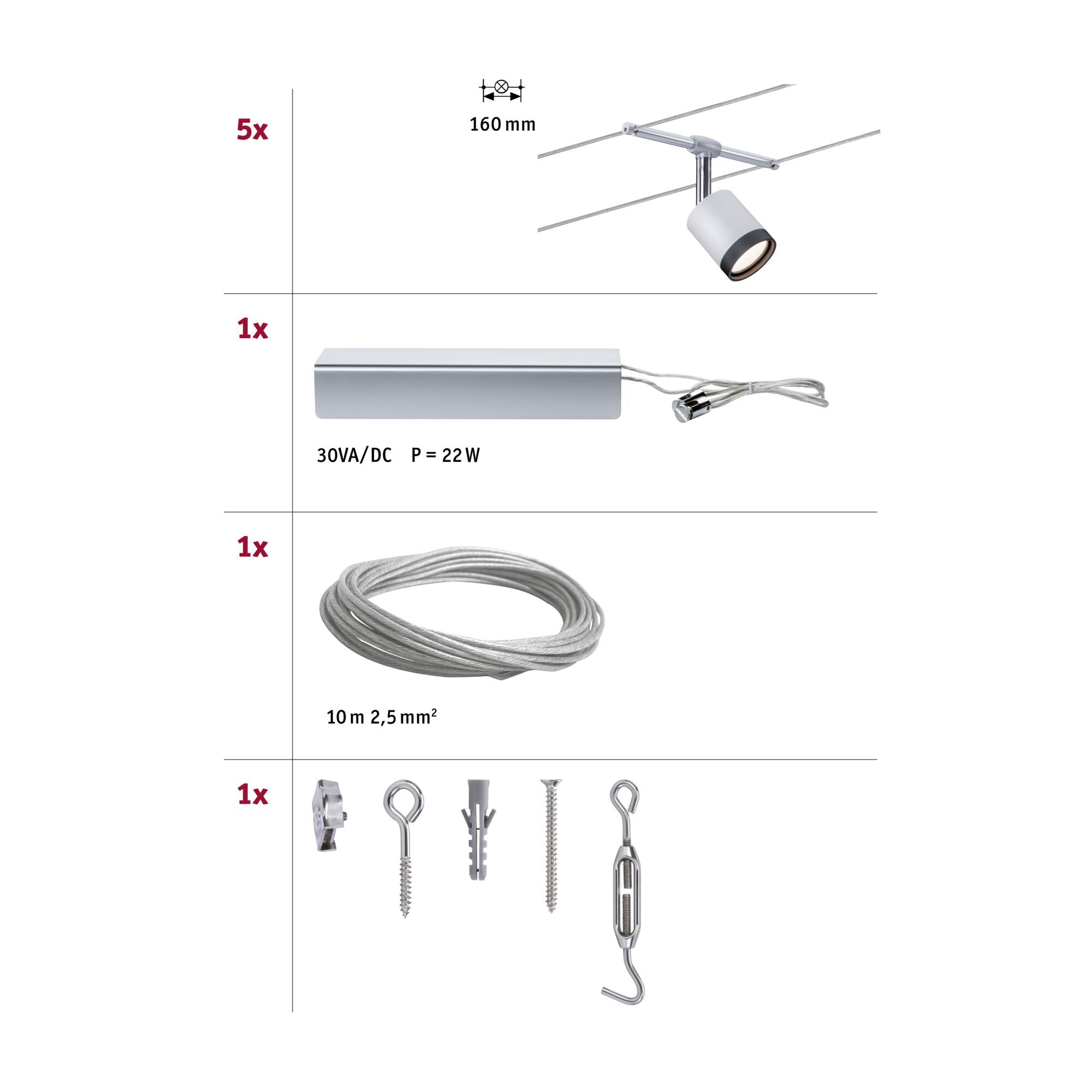 Diagramma dei componenti di illuminazione: faretto, alimentatore, cavo e hardware di montaggio.