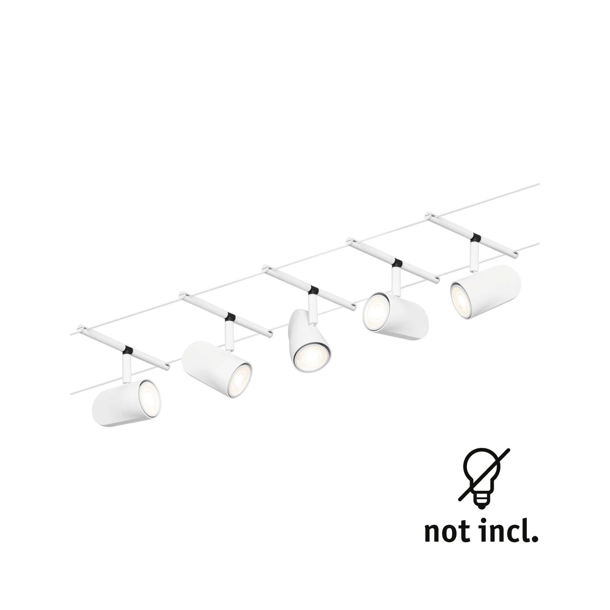 Fünf weiße Strahler auf einer Schiene montiert, darunter ein Symbol 'nicht inkl.'.