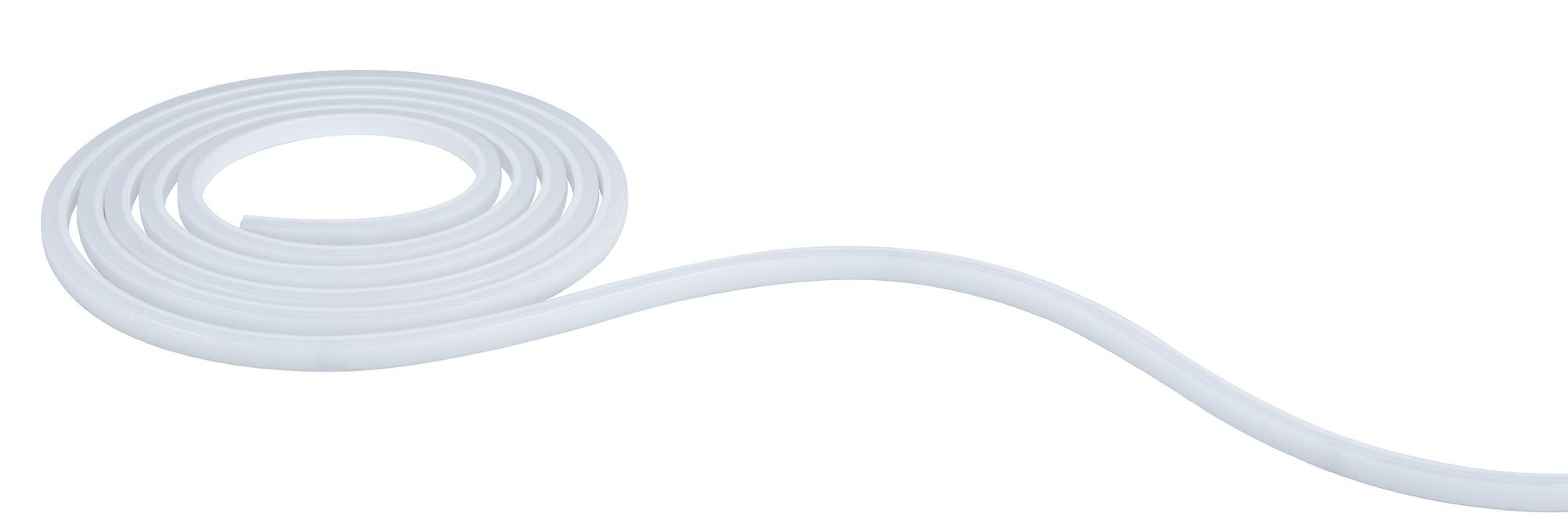 Ein weißes, flexibles LED-Band, aufgerollt. Das Band ist eine durchgehende weiße Linie.