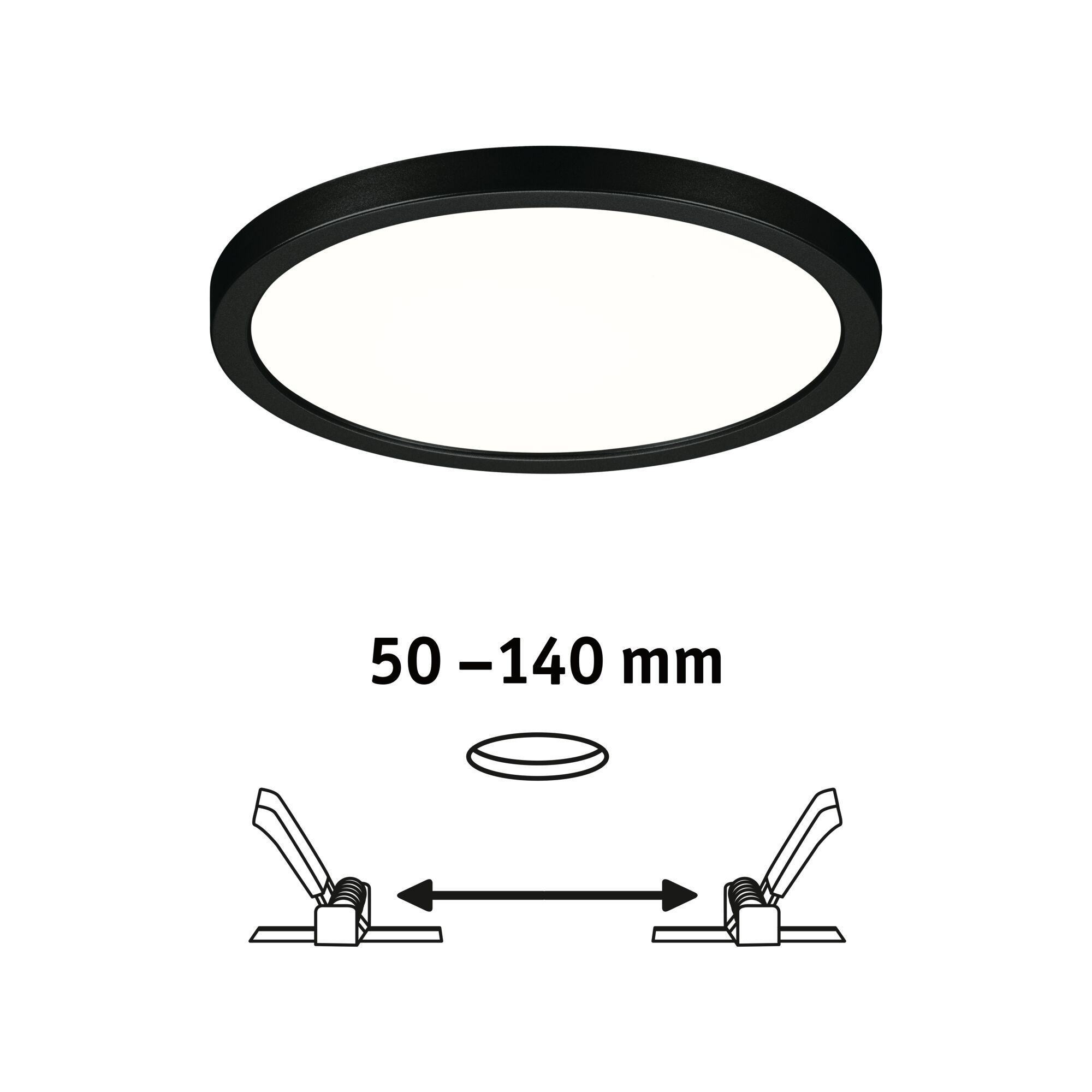 Schwarze, runde LED-Leuchte. Diagramm der Installationsmaße, 50-140 mm.