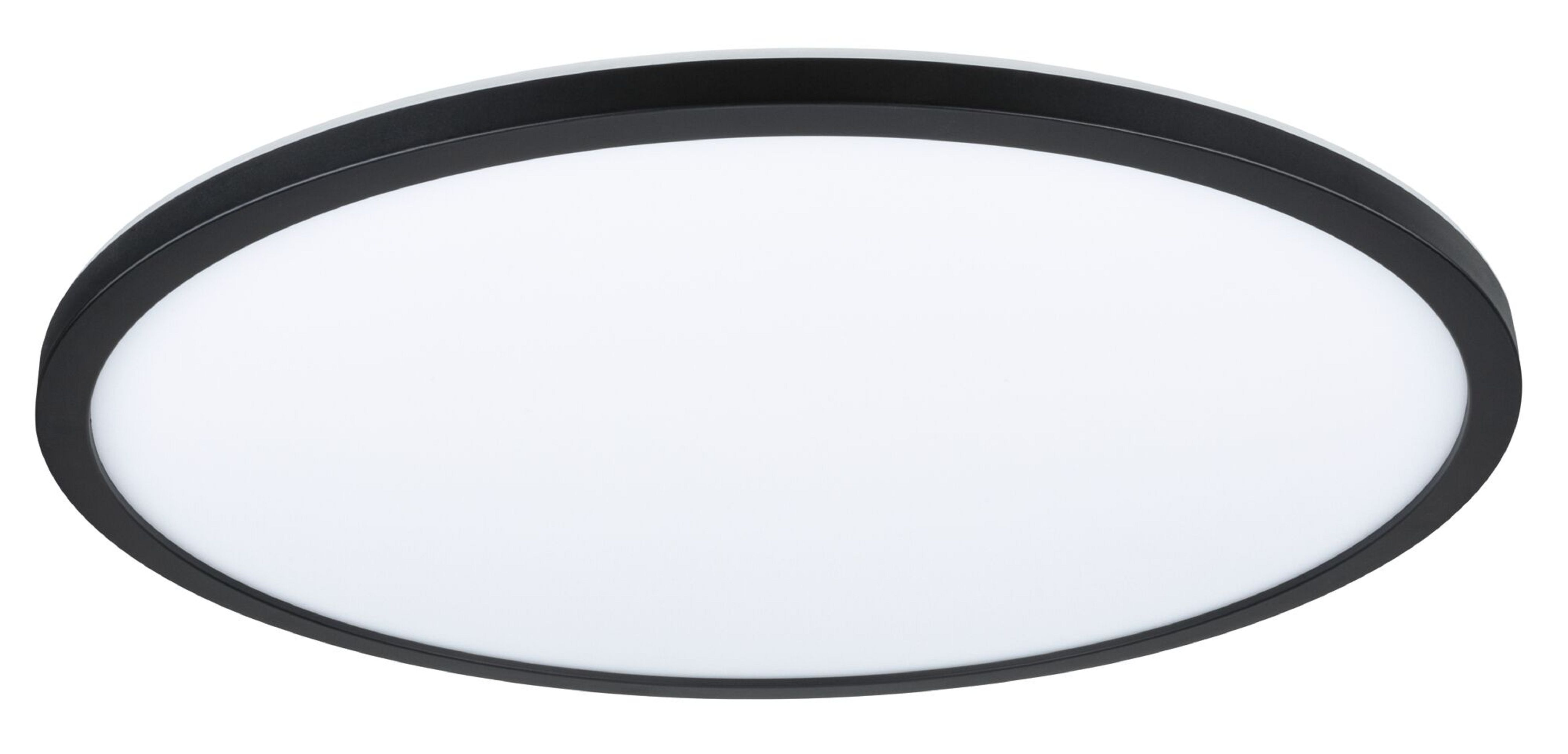 Okrągła, czarna oprawa oświetleniowa LED. Jasne białe światło w środku. Czarna ramka na zewnątrz.