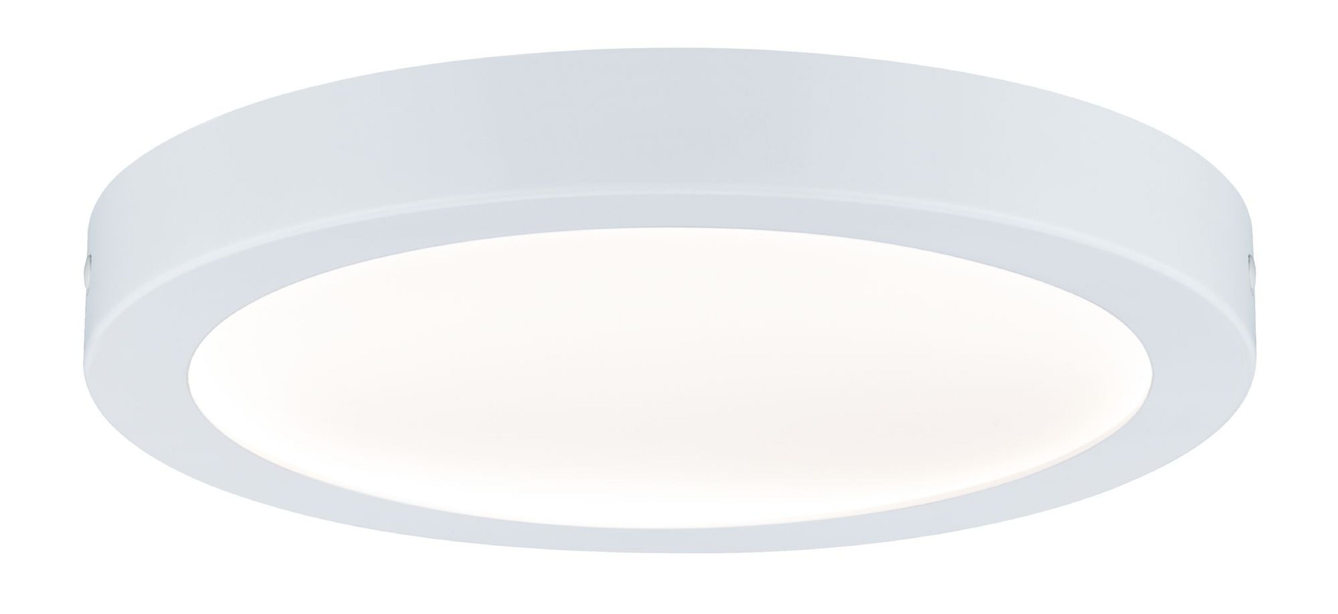 Plafoniera a LED rotonda bianca. Luce bianca emessa. Sfondo bianco.
