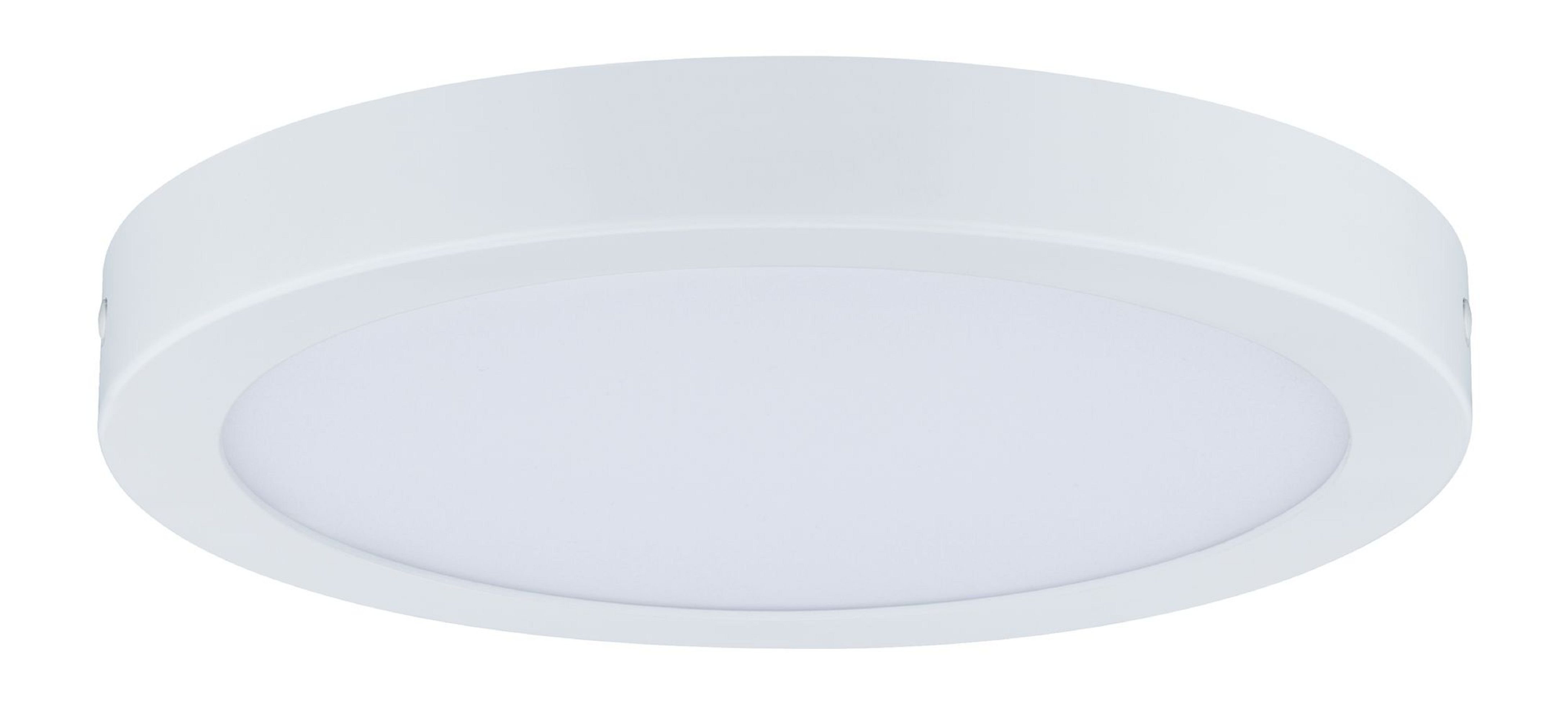 Apparecchio di illuminazione a soffitto rotondo bianco, con luce soffusa e diffusa.