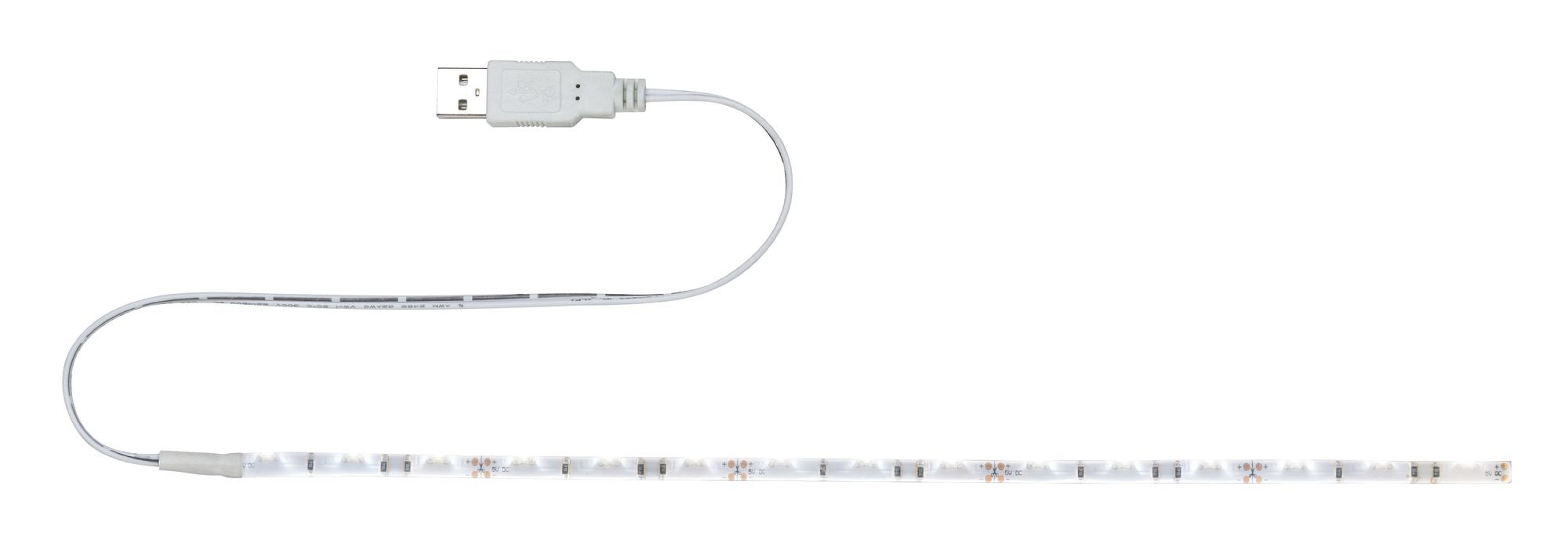 Striscia LED alimentata tramite USB con connettore USB bianco e striscia di luci.