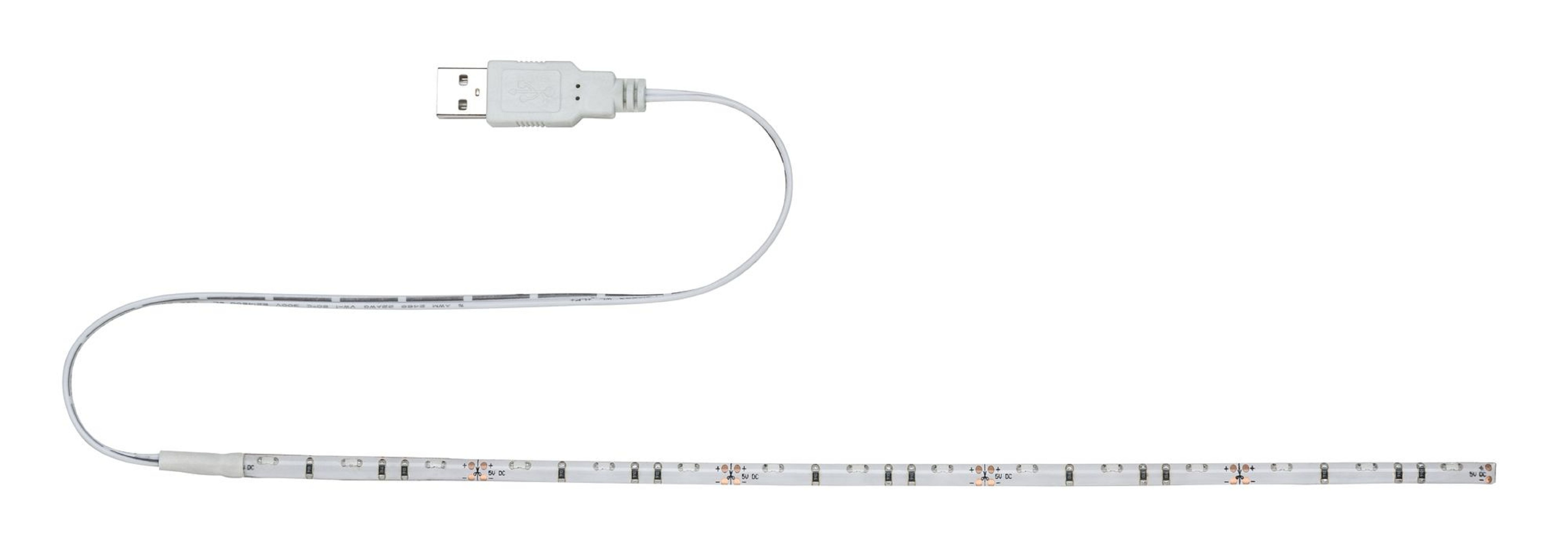 Striscia LED USB, bianca con connettore USB bianco, su sfondo bianco.