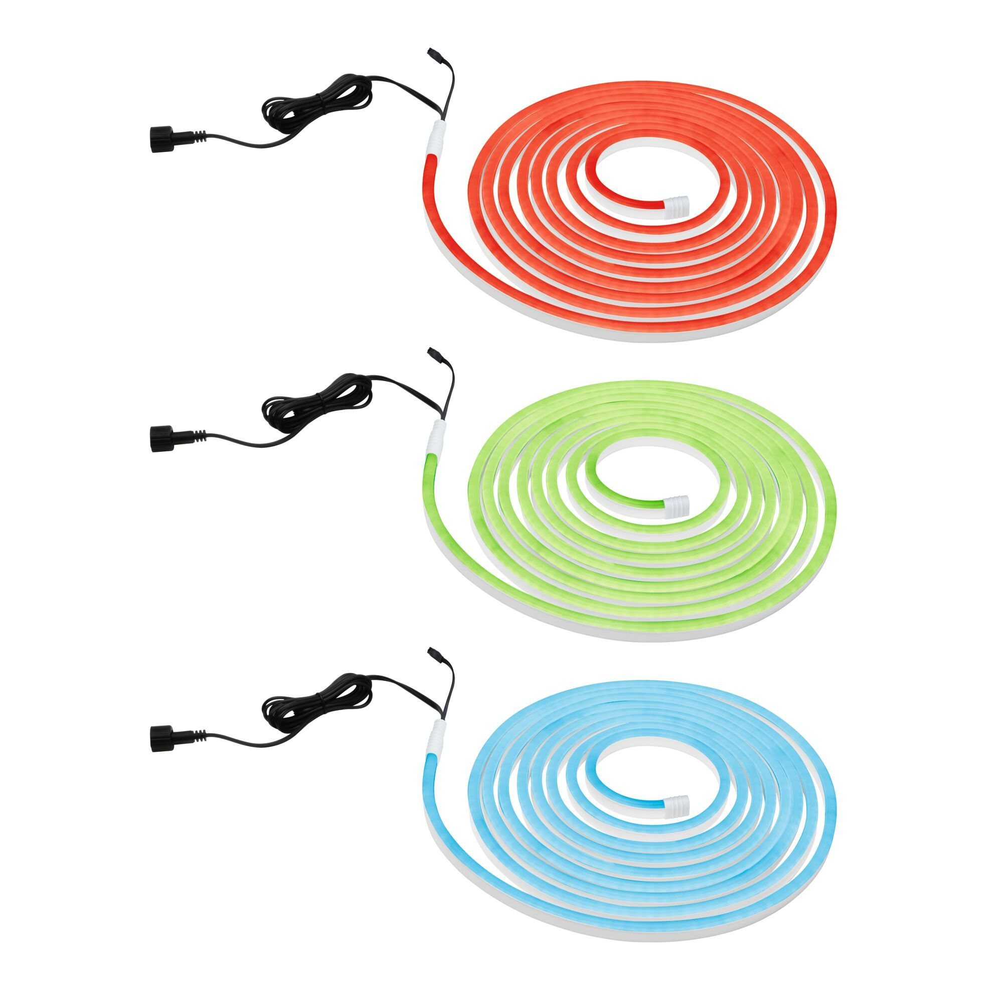Trzy rolki świateł LED w kolorze czerwonym, zielonym i niebieskim. Każda ma czarny przewód i wtyczkę.