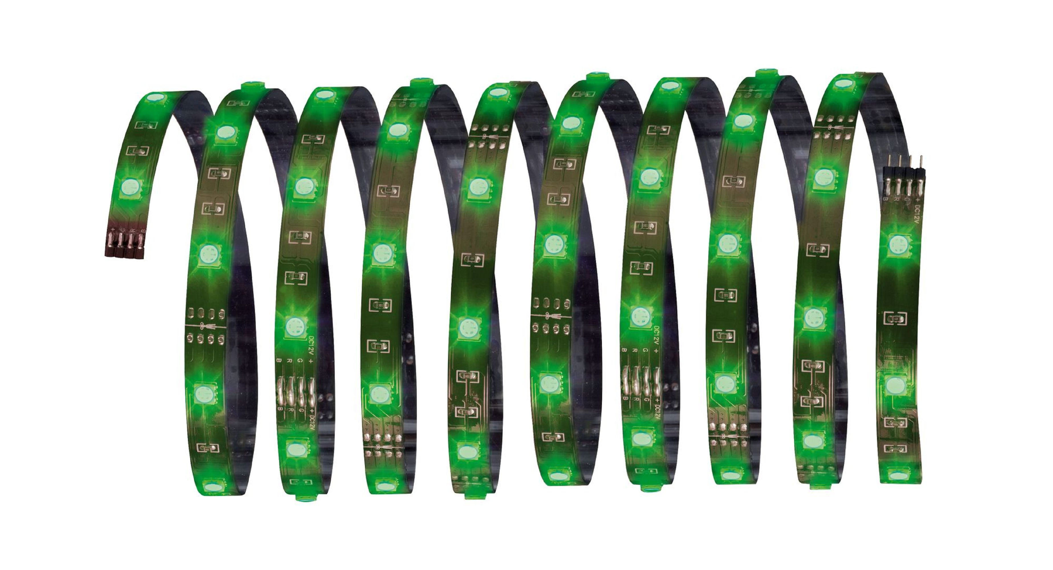 Striscia LED verde avvolta, con luci verdi. Sfondo bianco.