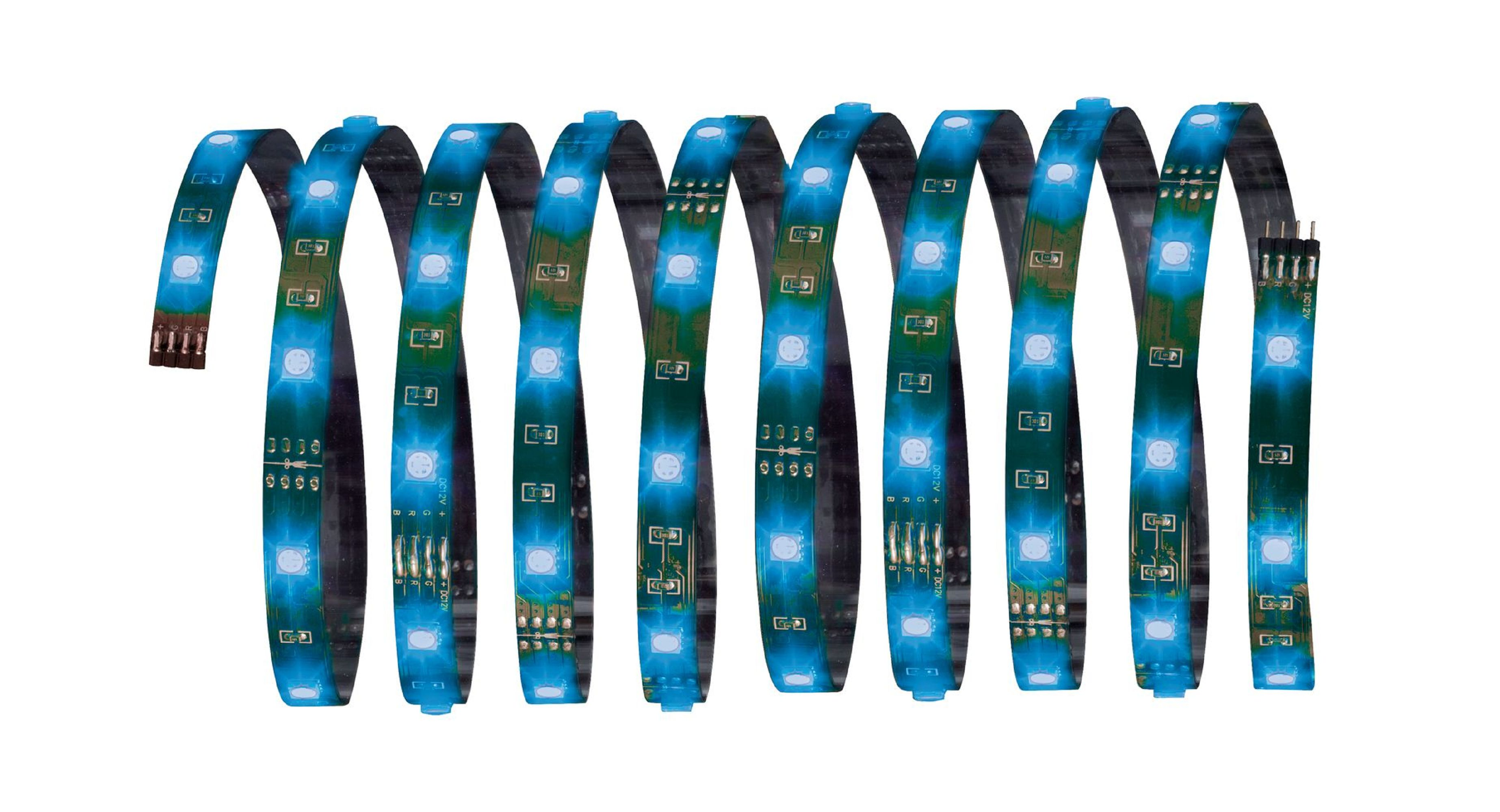 Una striscia luminosa a LED blu flessibile. È arrotolata e ha punti di connessione a un'estremità.