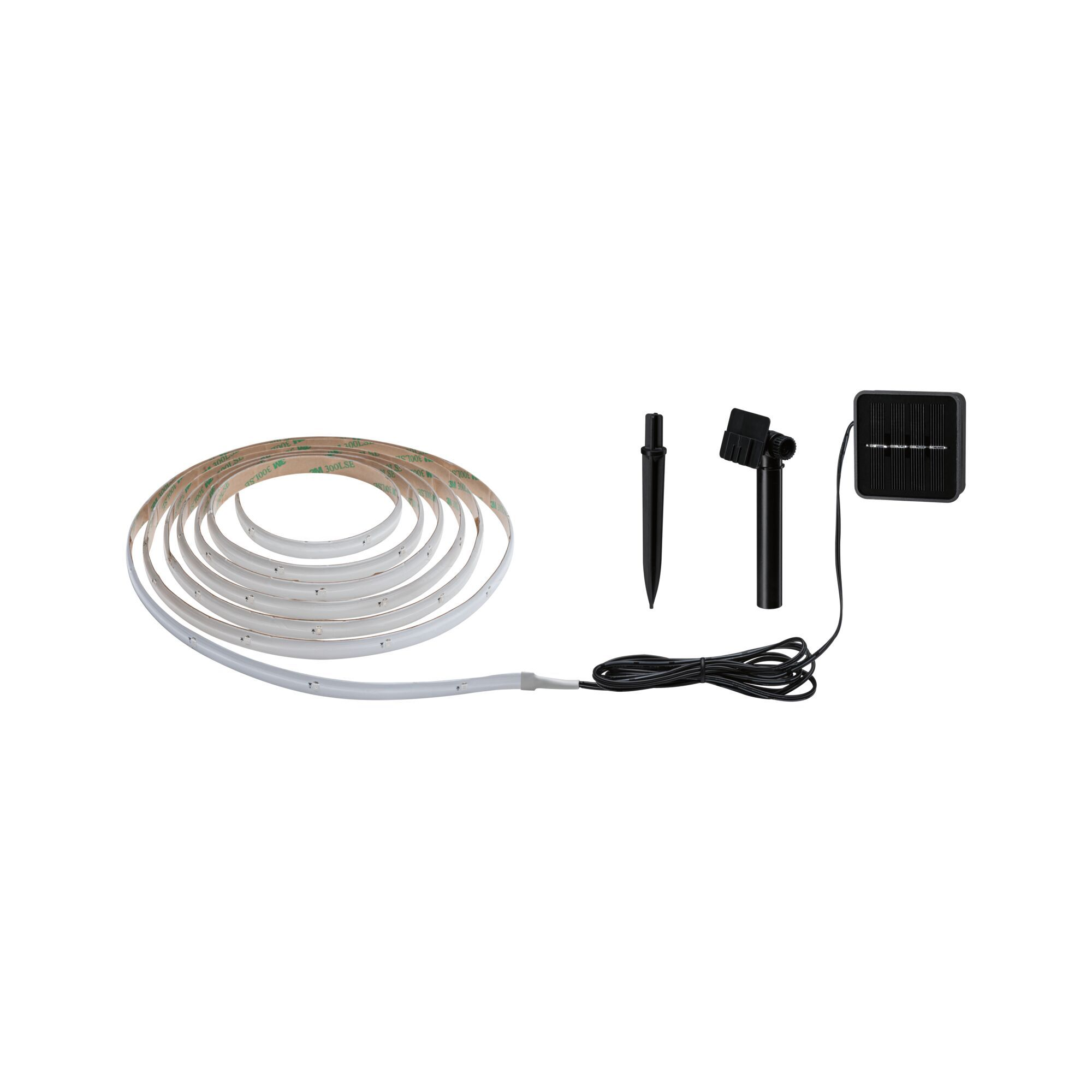 Zwinięta listwa LED i jej akcesoria, w tym panel słoneczny, na białym tle.