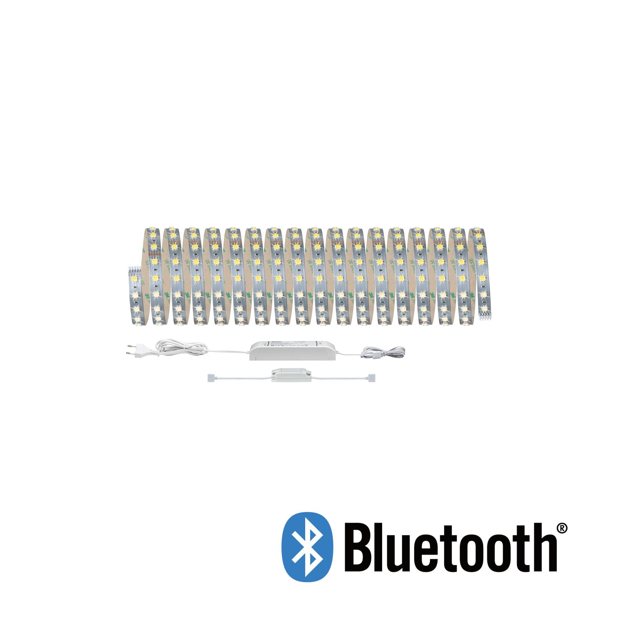 Mehrere LED-Streifen mit Bluetooth-Logo und weißem Netzteil.