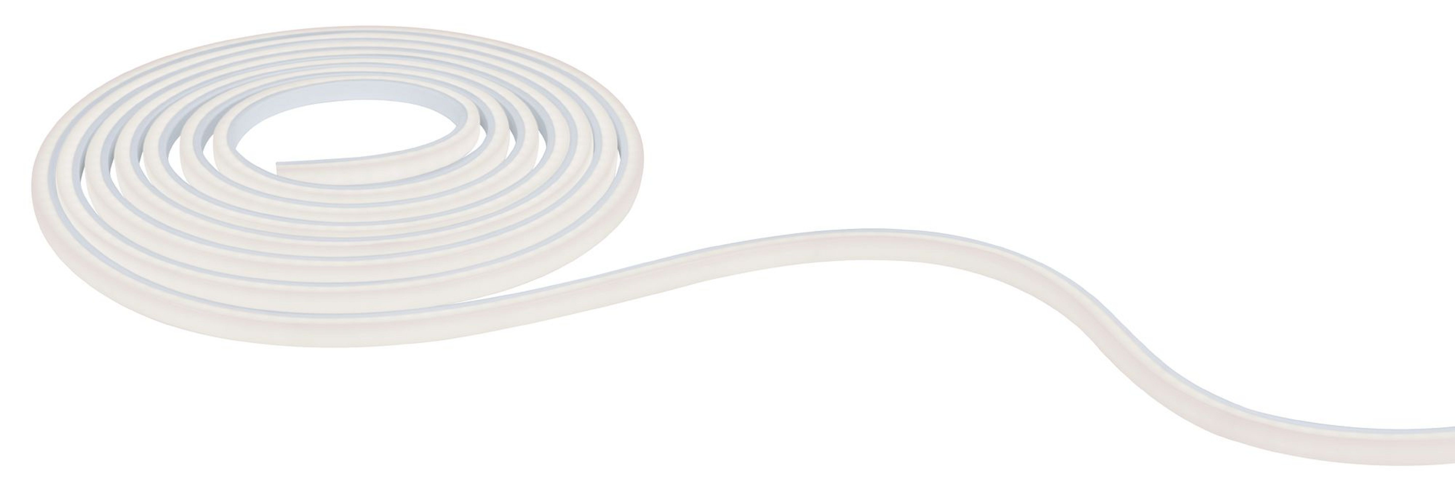 Bande LED blanche flexible, enroulée sur un fond blanc.