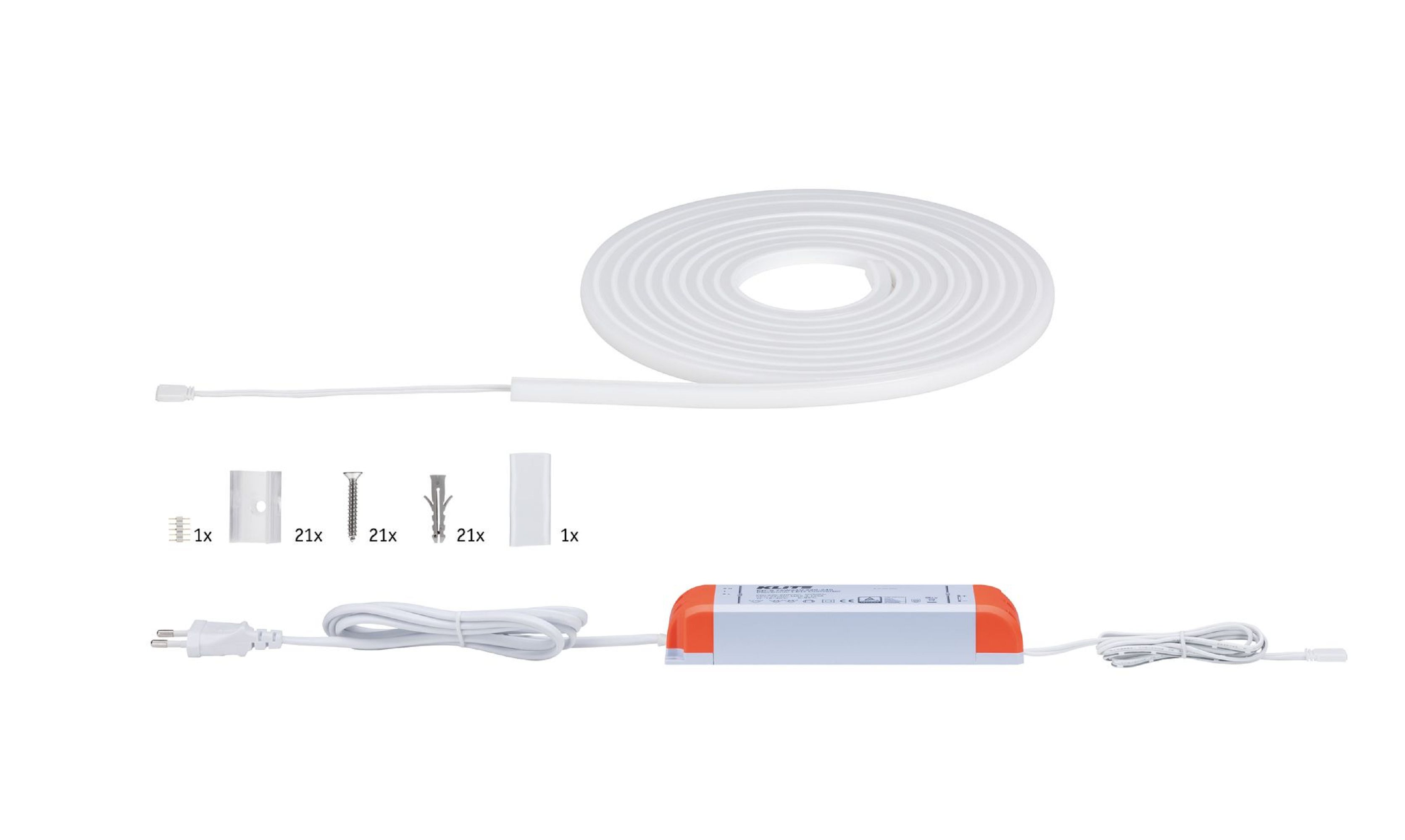 Striscia LED bianca, alimentatore e accessori su sfondo bianco.