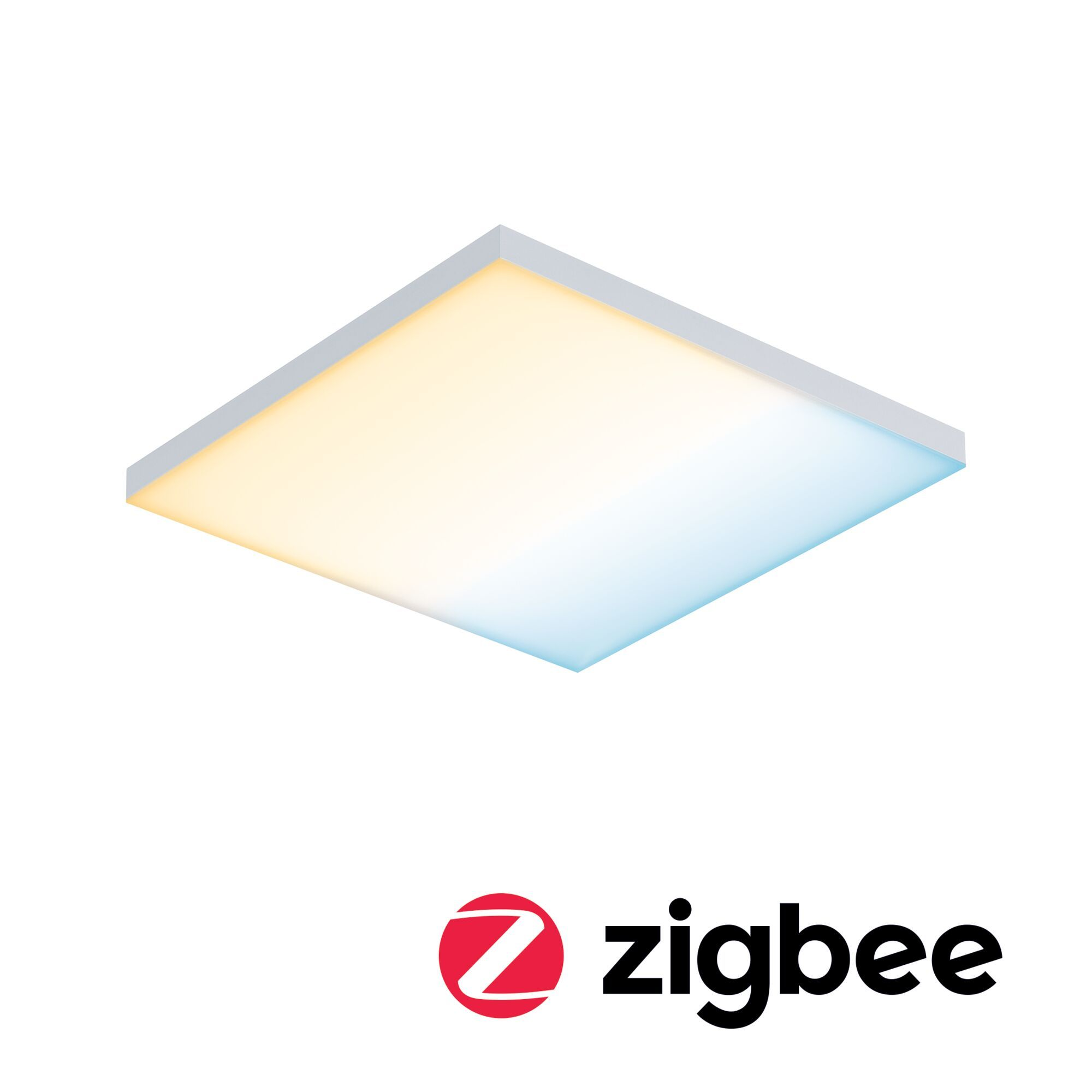 Kwadratowy panel świetlny LED z białym i niebieskim światłem oraz logo Zigbee.