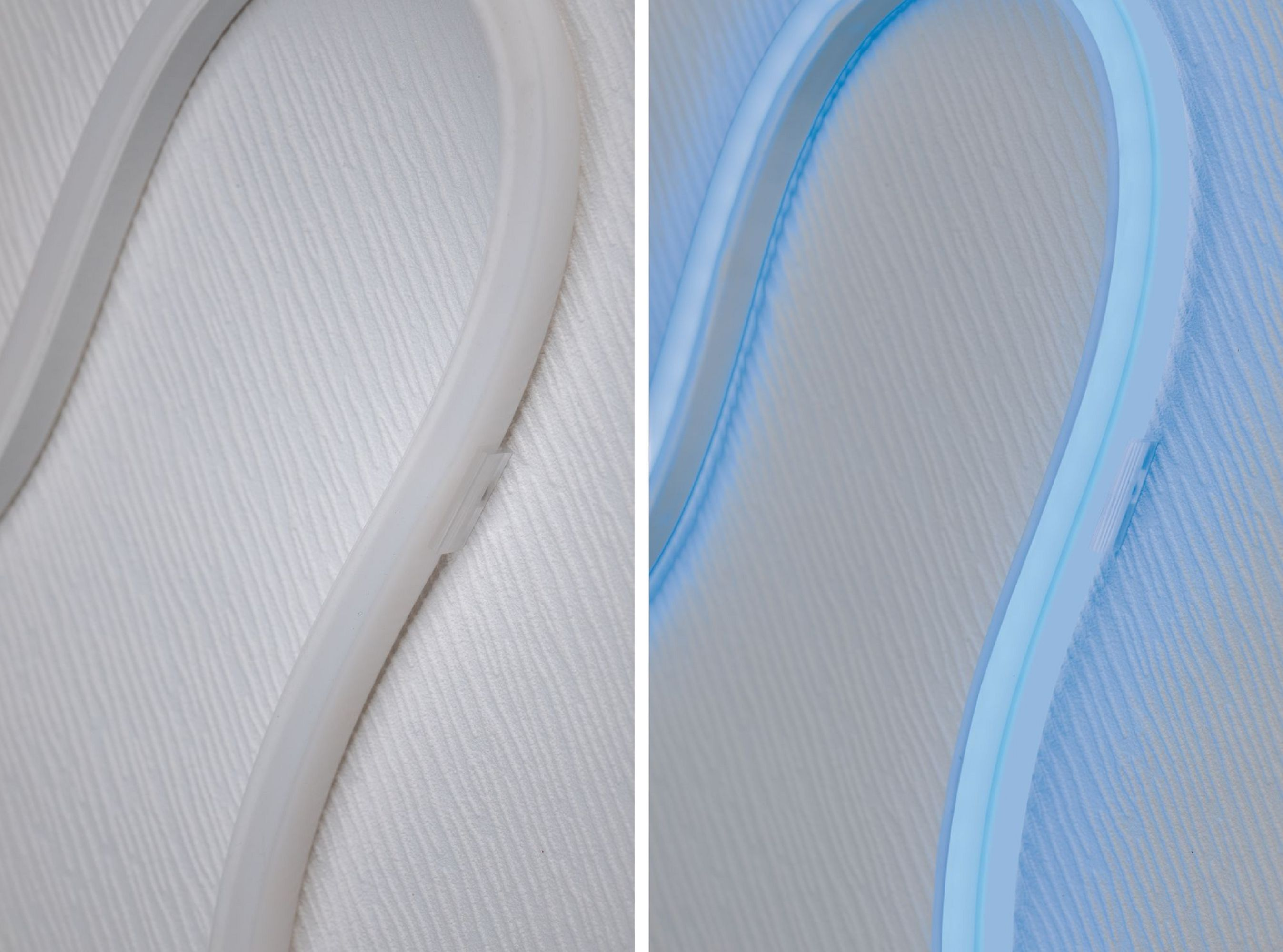 Due immagini ravvicinate di una striscia luminosa flessibile. Una è bianca, l'altra blu.