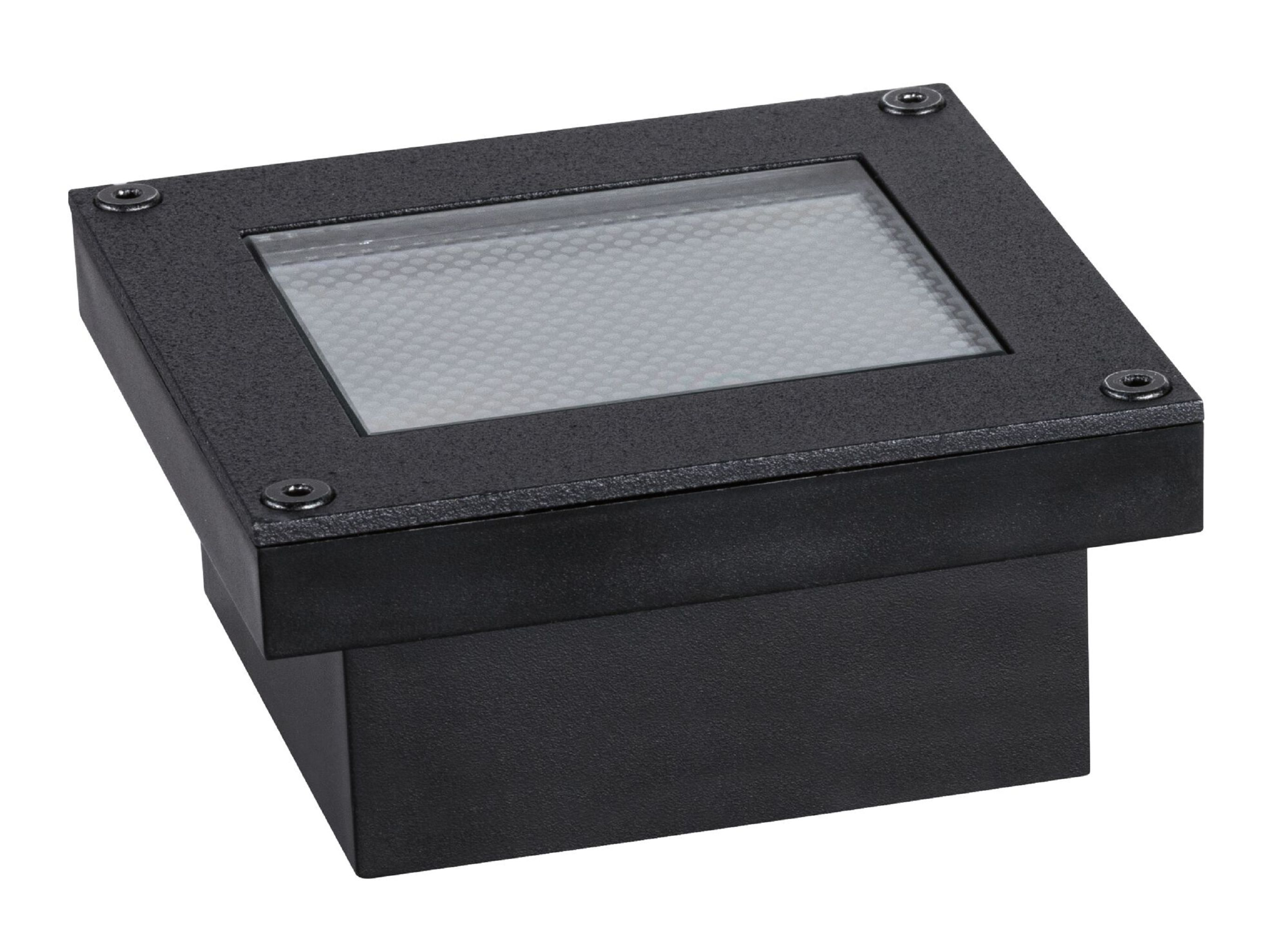 Kwadratowa czarna oprawa oświetleniowa z szklaną powierzchnią.