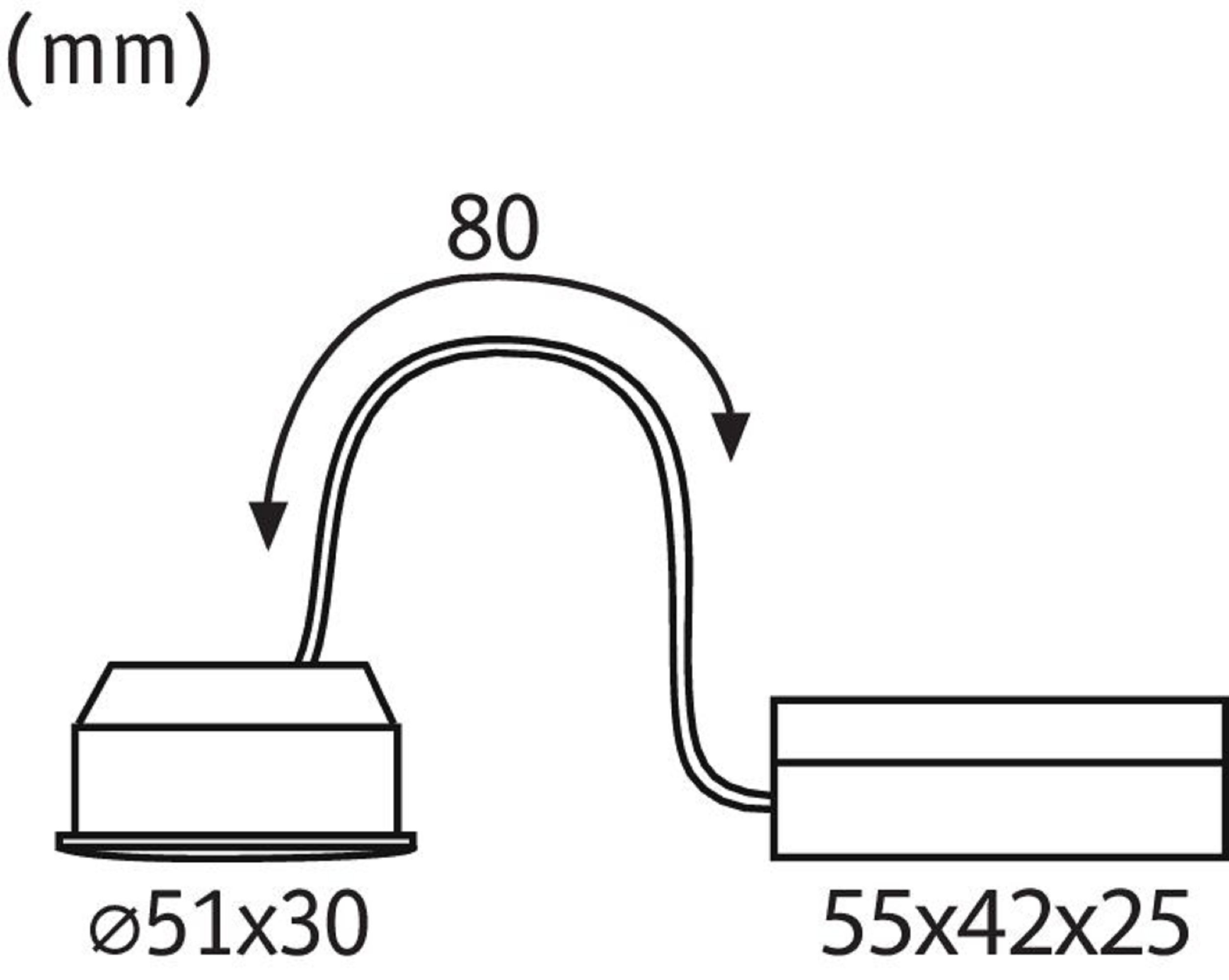 Diagramm einer Leuchte, mit Maßen in mm: 80, Ø51x30, 55x42x25.