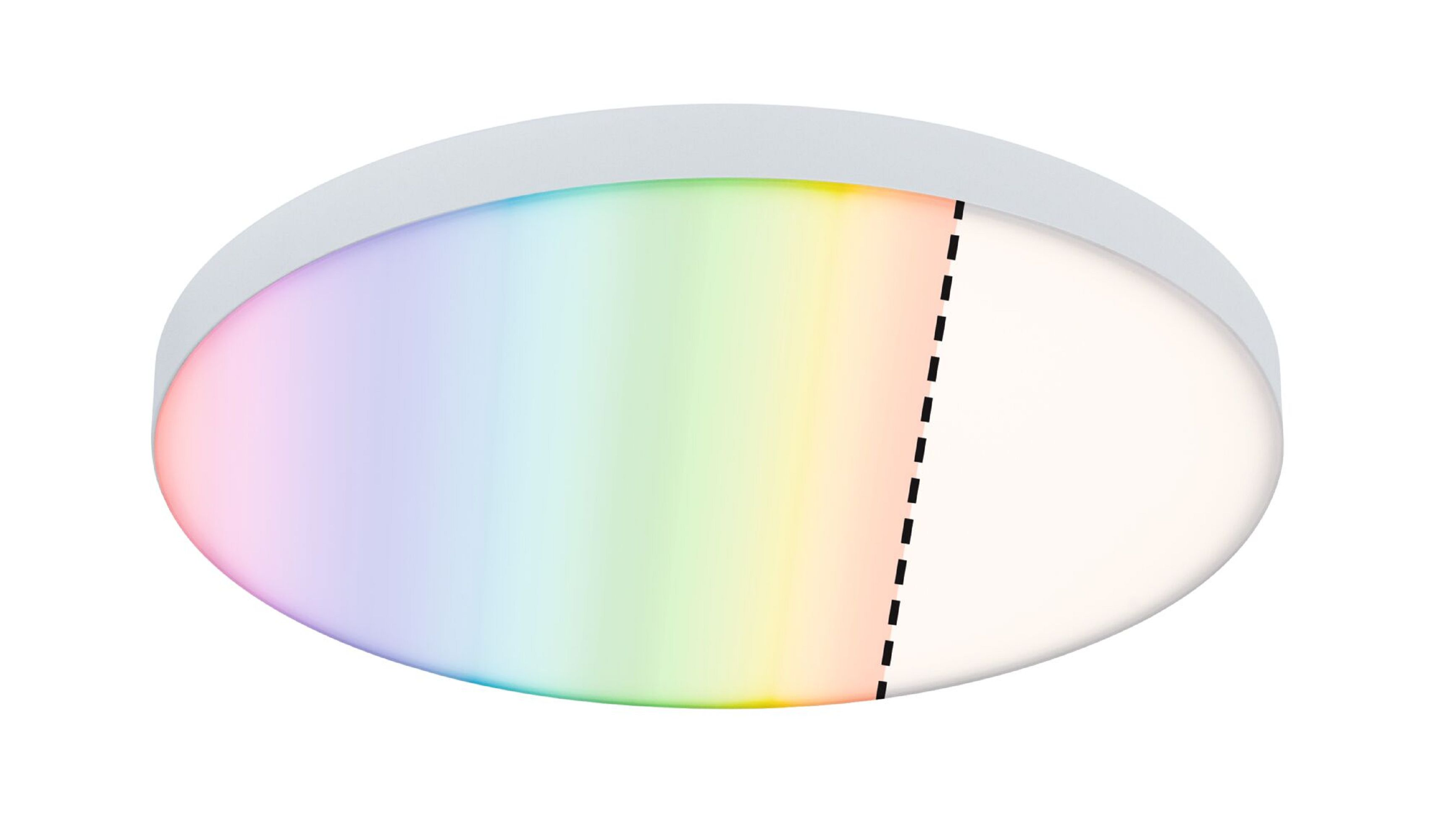 Ovale, flache Deckenlampe mit einer Reihe von Farben links und Weiß rechts, weißer Hintergrund.