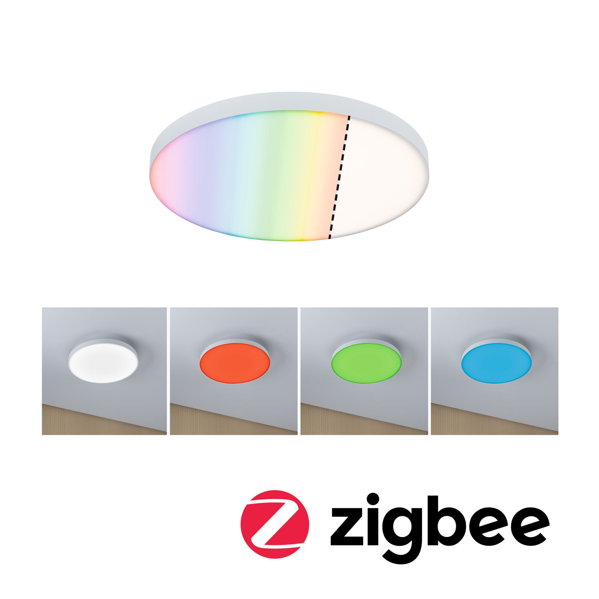 Eine Deckenlampe mit farbwechselndem Lichtfeld und zusätzlichen Bildern verschiedener Lichtfarben.