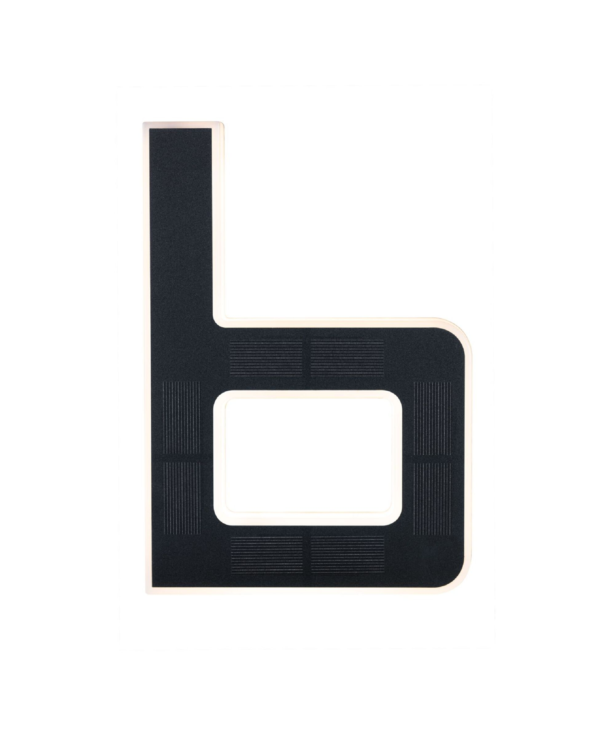 Czarny wycięty znak 'b'. Biały kontur. Czarna teksturowana powierzchnia.