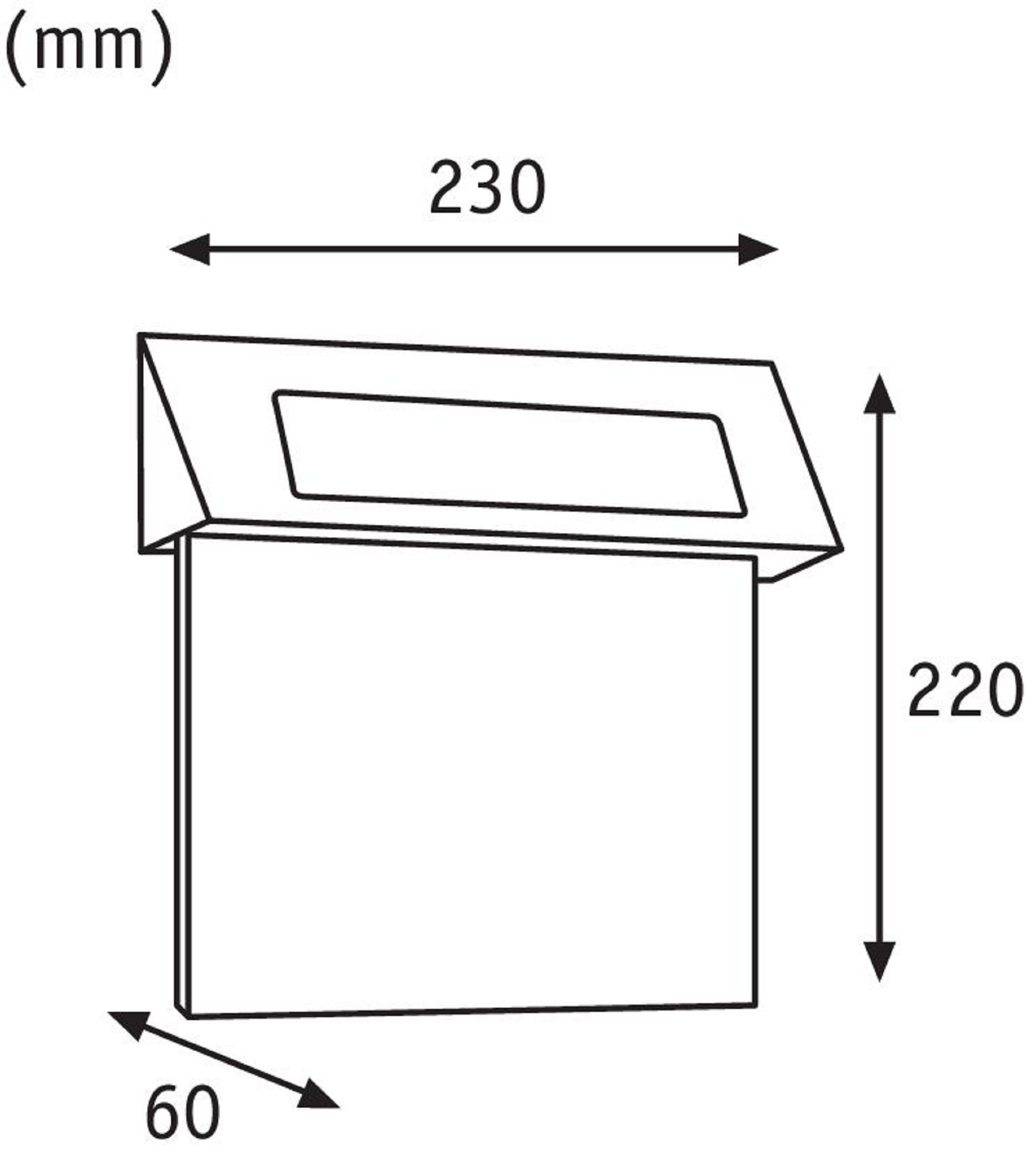 Ein Diagramm mit Abmessungen. Es zeigt eine rechteckige Form mit einer dreieckigen Form oben.