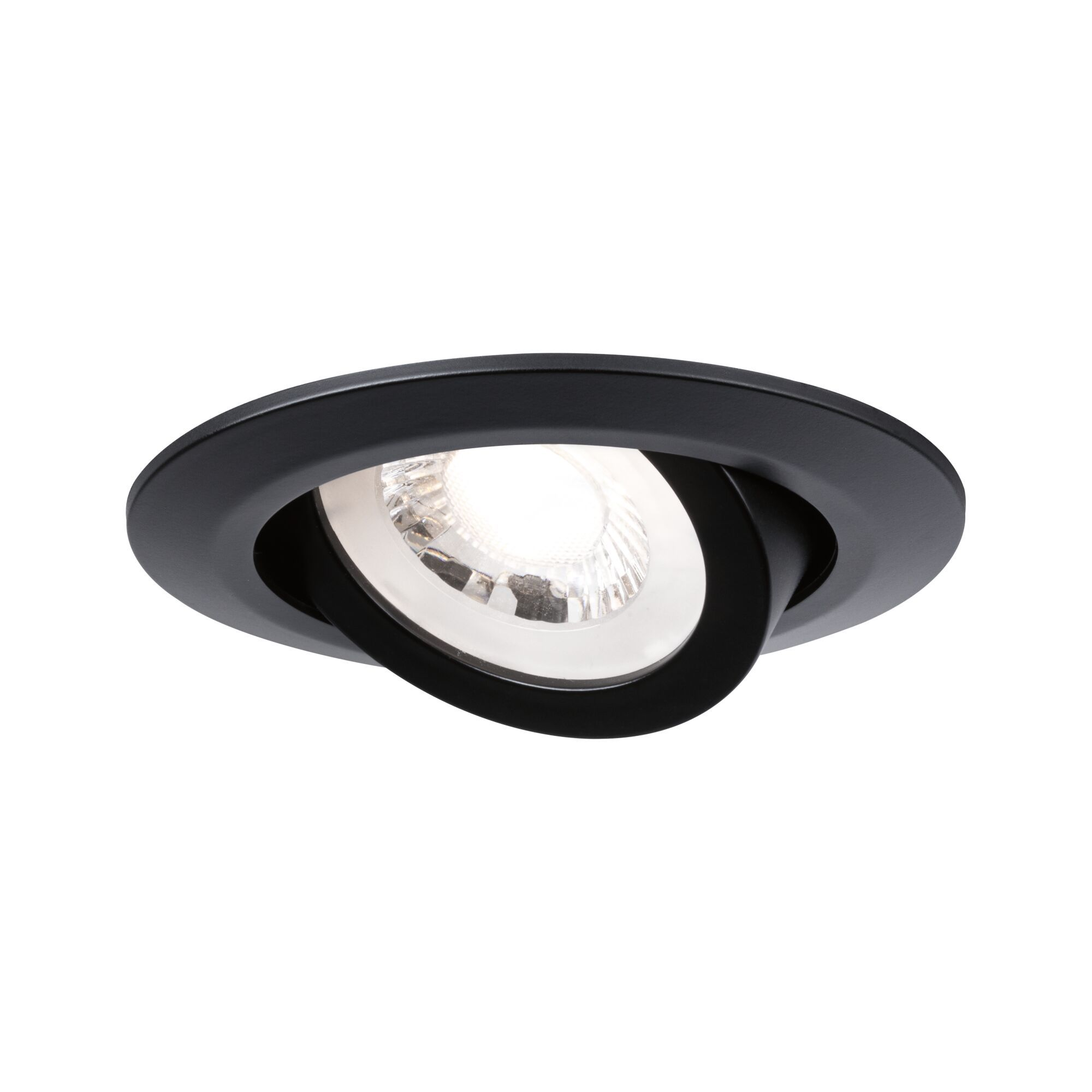 Schwarzer Einbaustrahler mit schwenkbarer Lichtquelle.