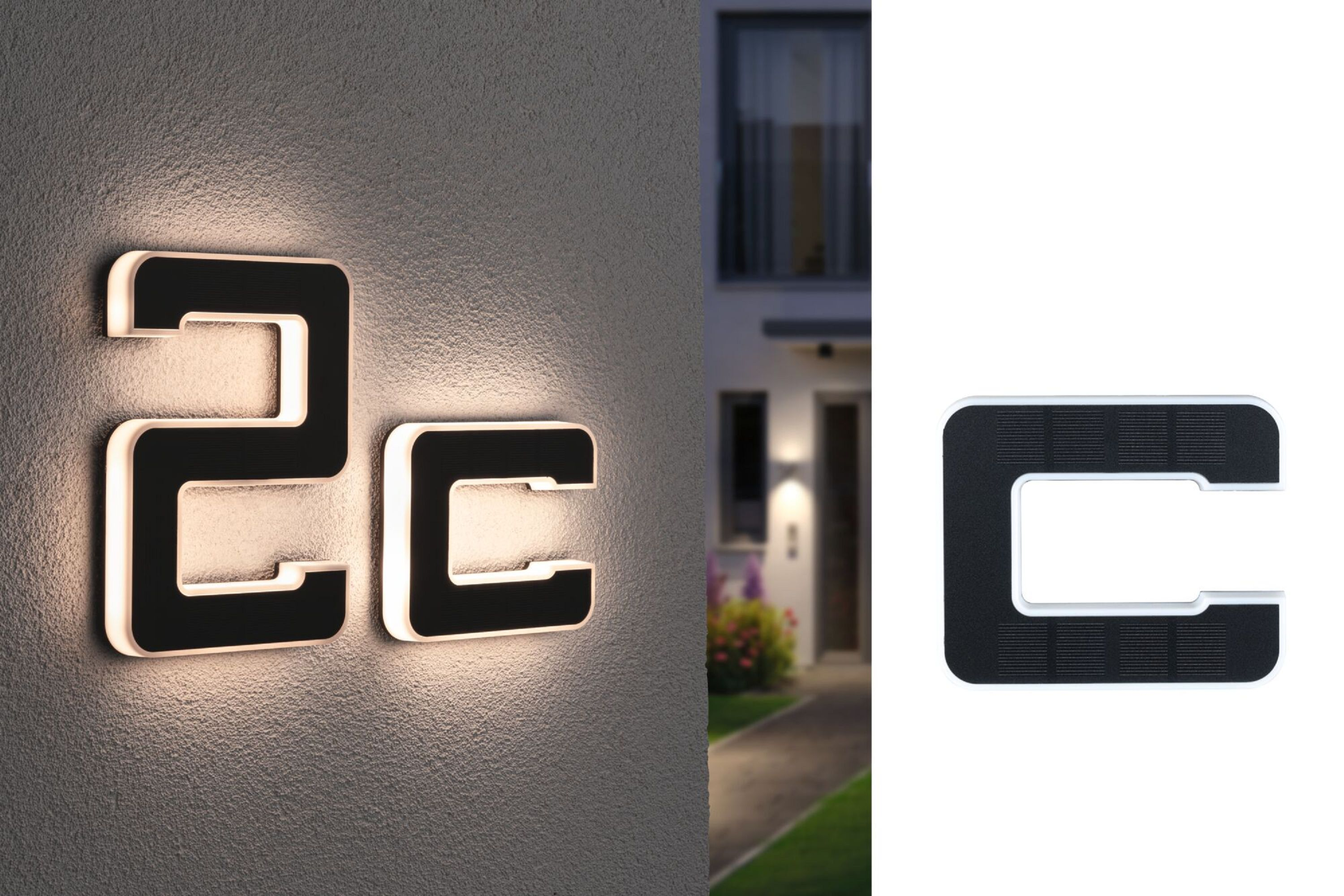 Beleuchtete Hausnummern 2C an einer Wand. Eine freistehende 2C Nummer ist ebenfalls sichtbar.