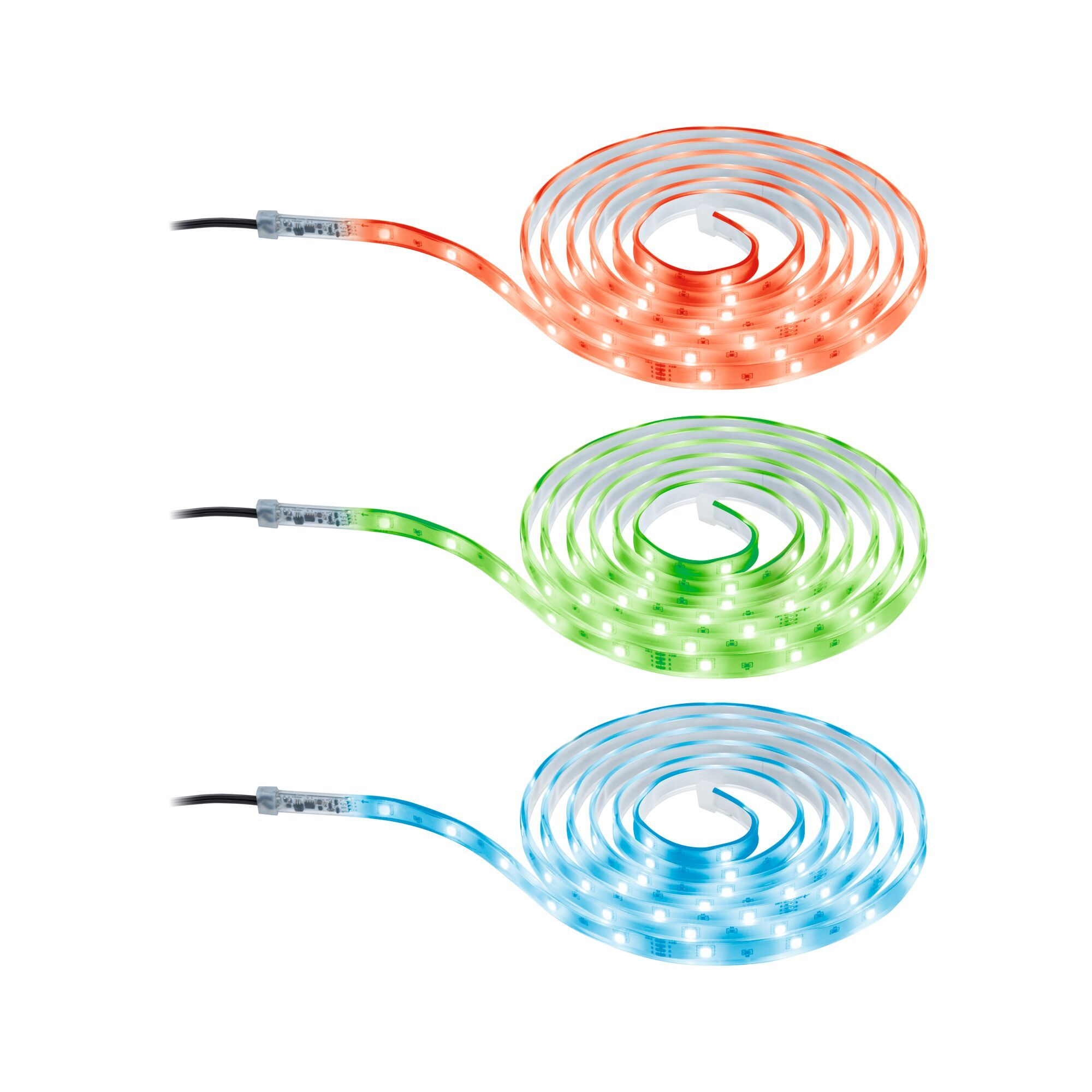 Trzy paski świetlne LED, zwinięte. Czerwony, zielony i niebieski, każdy z czarnym drutem.