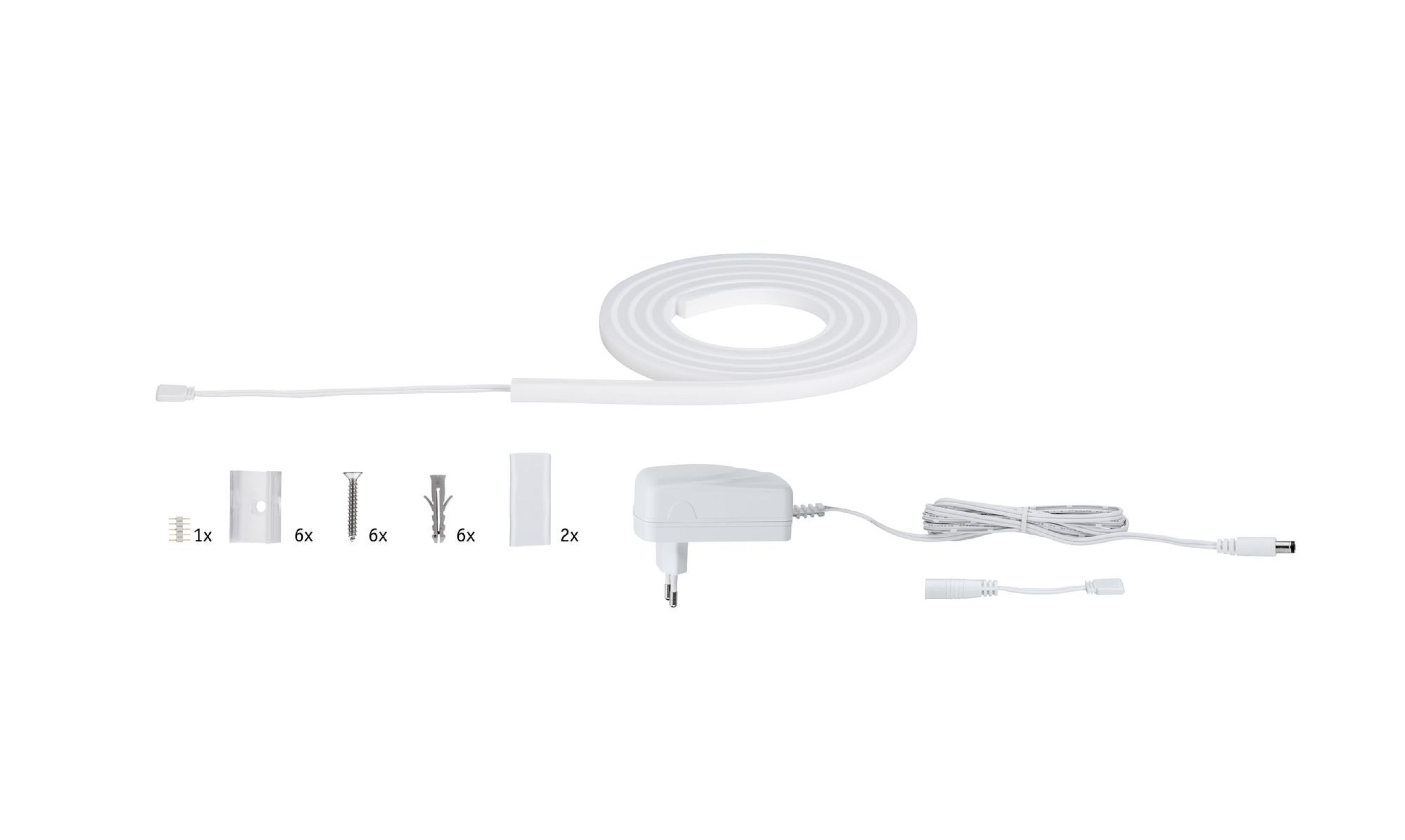 Ein weißes LED-Band mit Netzteil und Befestigungsmaterial. Der Streifen ist aufgerollt.
