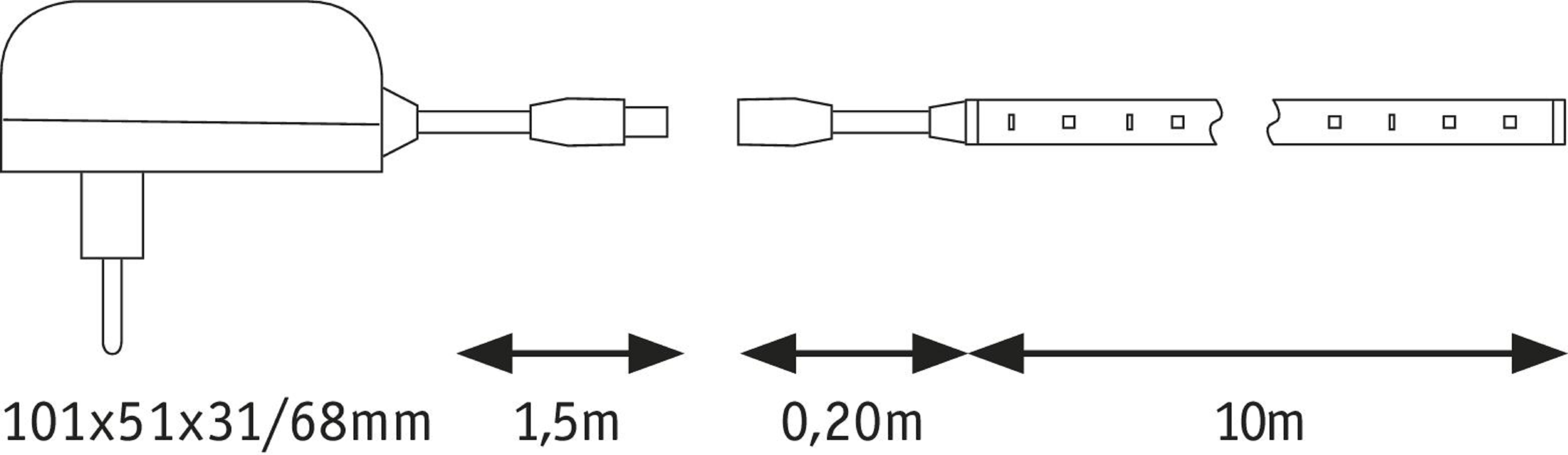 Wtyczka elektryczna z przewodem zasilającym, złączem i taśmą LED o długości 10 m.