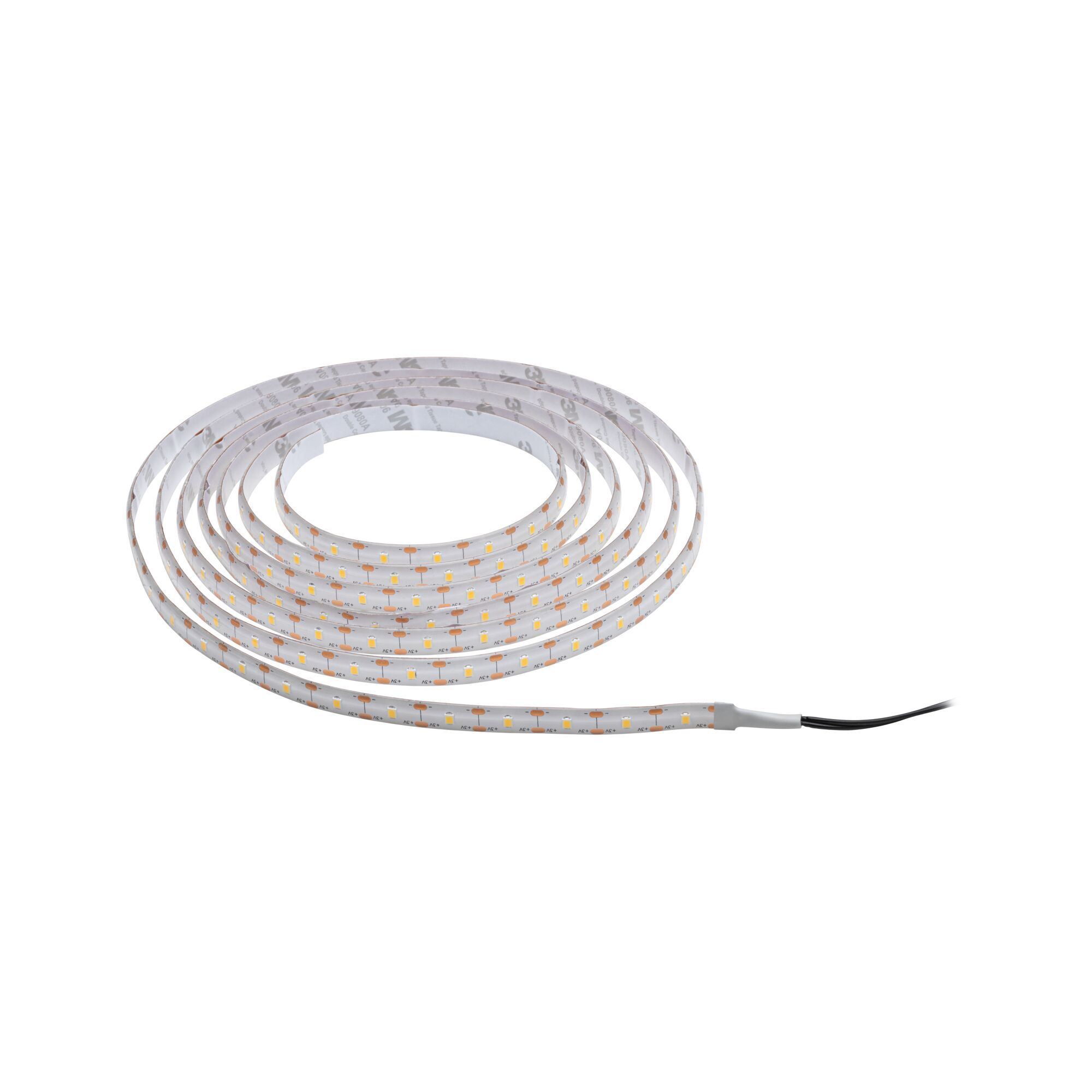 Gerollter LED-Streifen auf Weiß, mit sichtbaren LEDs und Stecker.