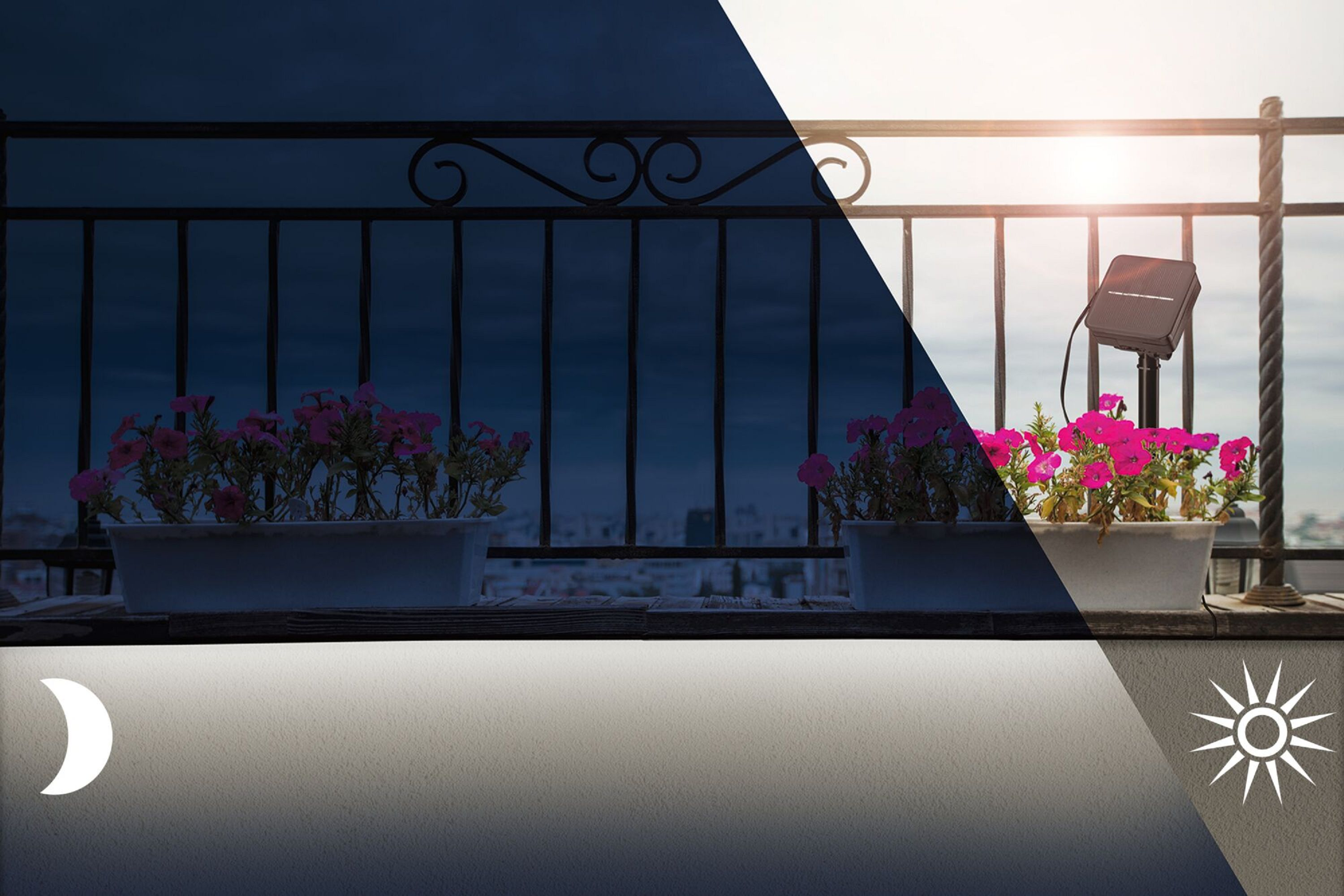 Ein geteiltes Bild, das Tag und Nacht zeigt. Balkon mit Blumen am Tag und dunkler Himmel in der Nacht.