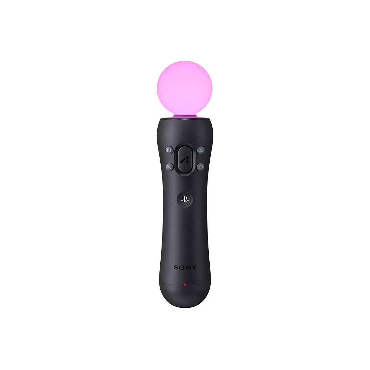 Ein schwarzer PlayStation VR-Controller mit einem rosa leuchtenden Orb oben, vor weißem Hintergrund.