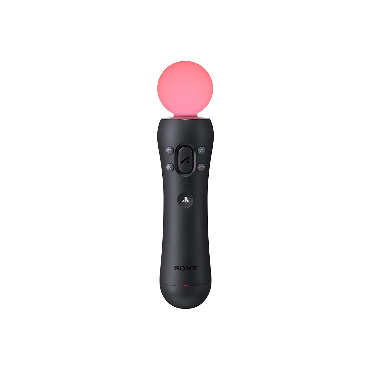 Schwarzer Gamecontroller mit rotem Orb oben. Sony-Logo. Weißer Hintergrund.